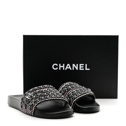 Chanel Tweed Lambskin Chain Flat Sandals 38 Black Multicolor 9 of 9