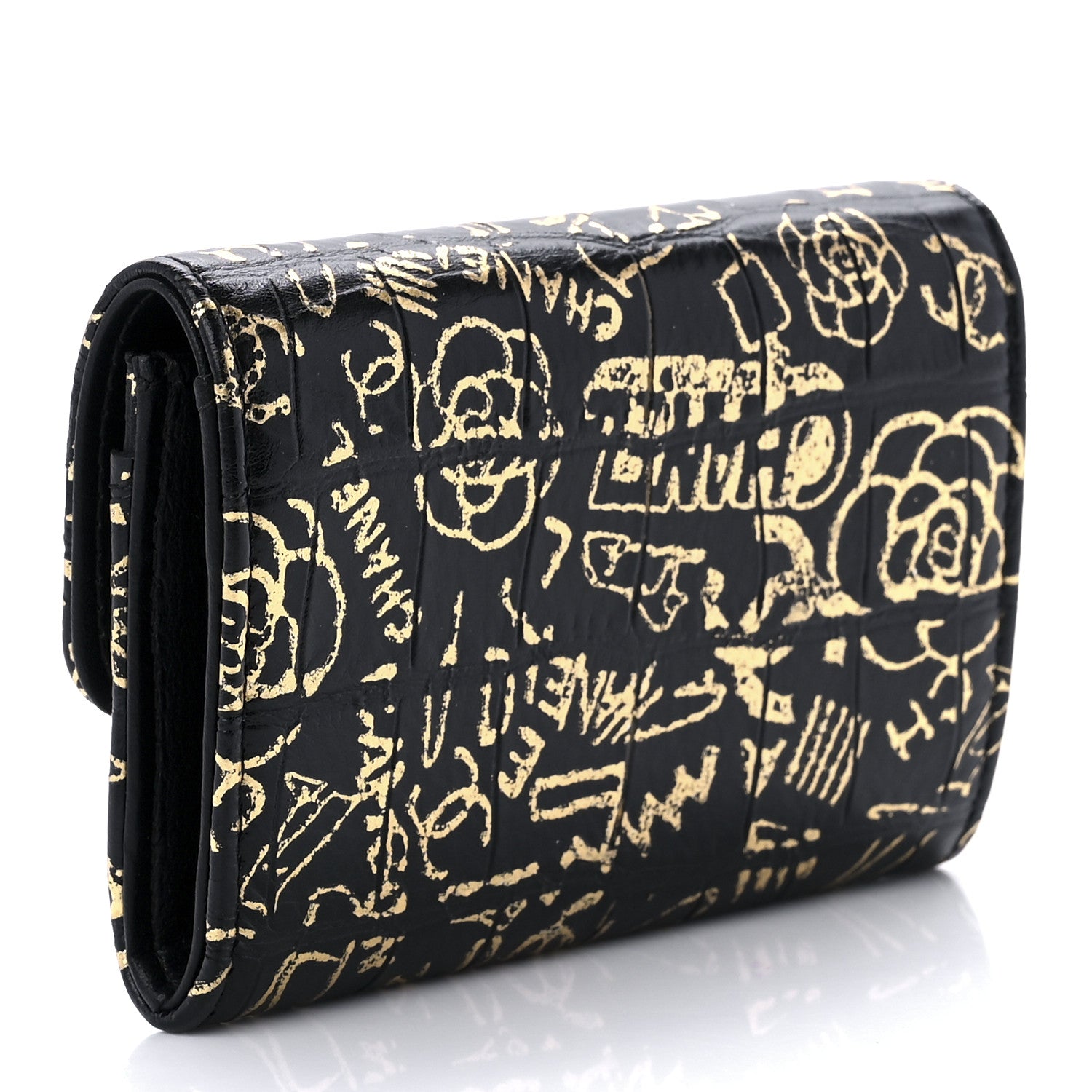 Chanel Calfskin Crocodile Embossed Graffiti 2.55 Cocodile Reissue Flap Card Holder Black Gold 2 of 12