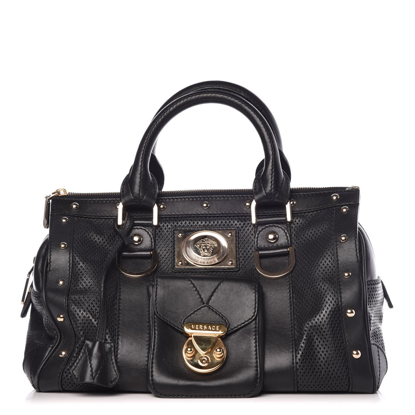 Perforated Calfskin Madonna Satchel Black