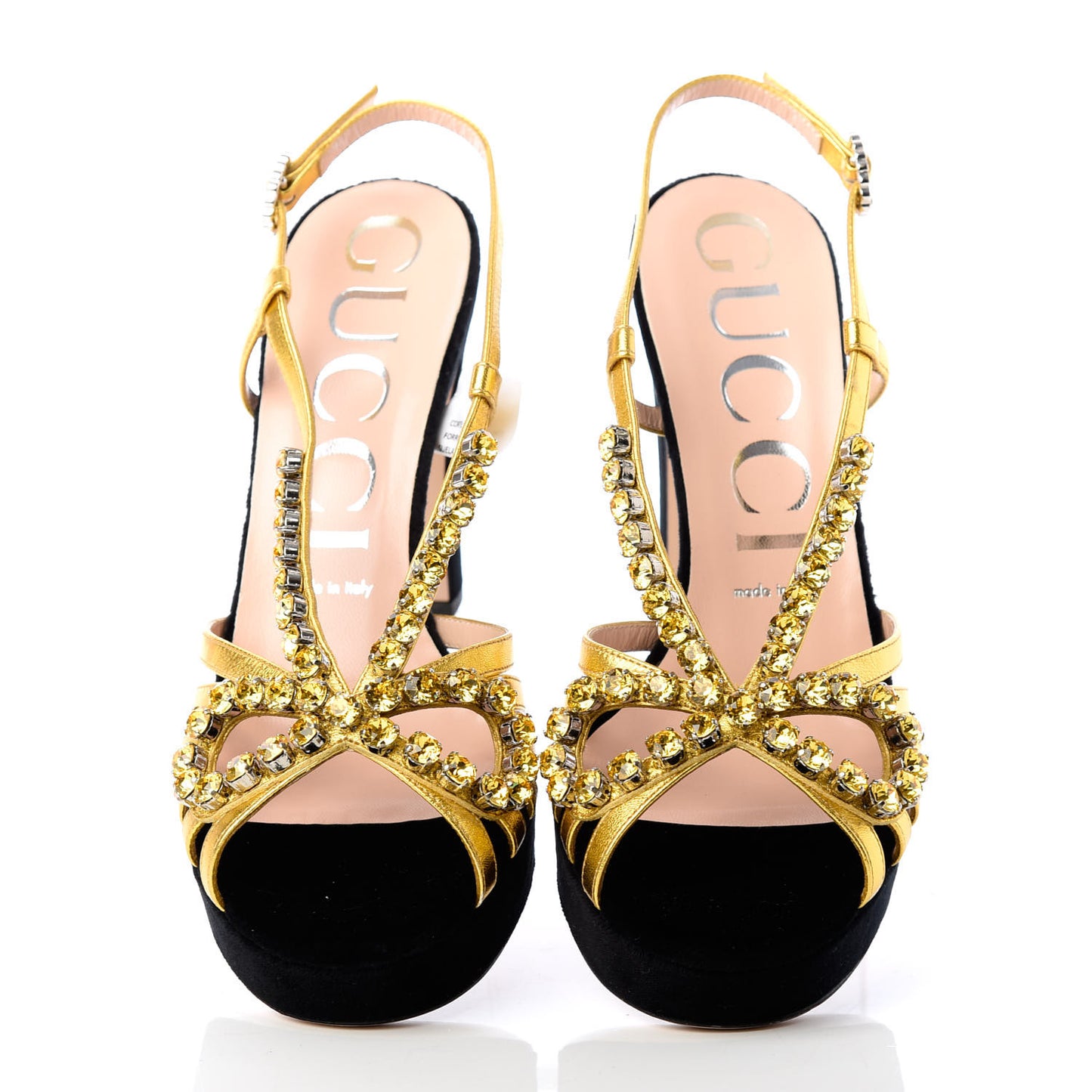 Velvet Nappa Crystal Zephyra Slingback Platform High Heel Sandals 38.5 Black Gold