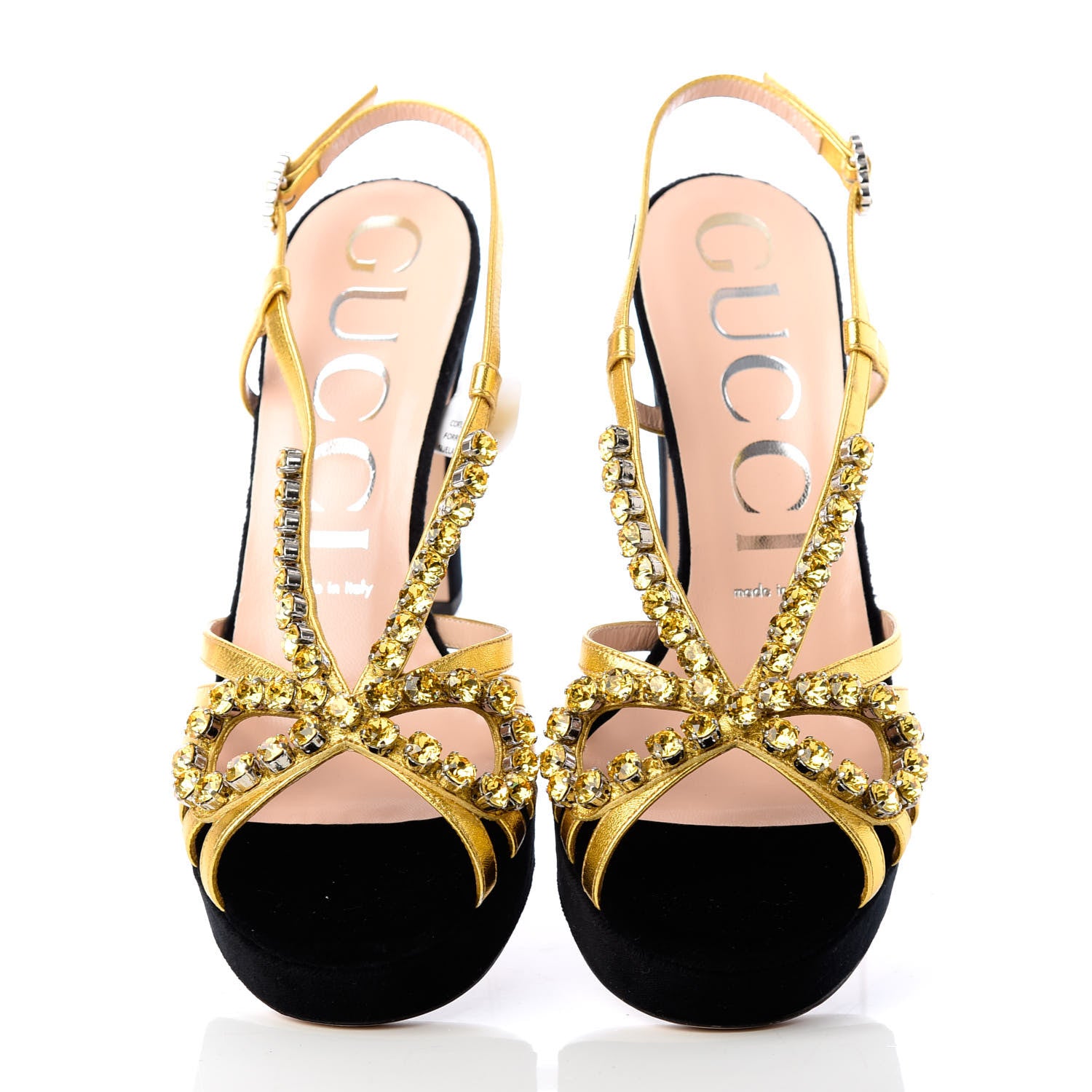 Gucci Velvet Nappa Crystal Zephyra Slingback Platform High Heel Sandals 38.5 Black Gold 5 of 9