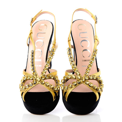 Gucci Velvet Nappa Crystal Zephyra Slingback Platform High Heel Sandals 38.5 Black Gold 5 of 9