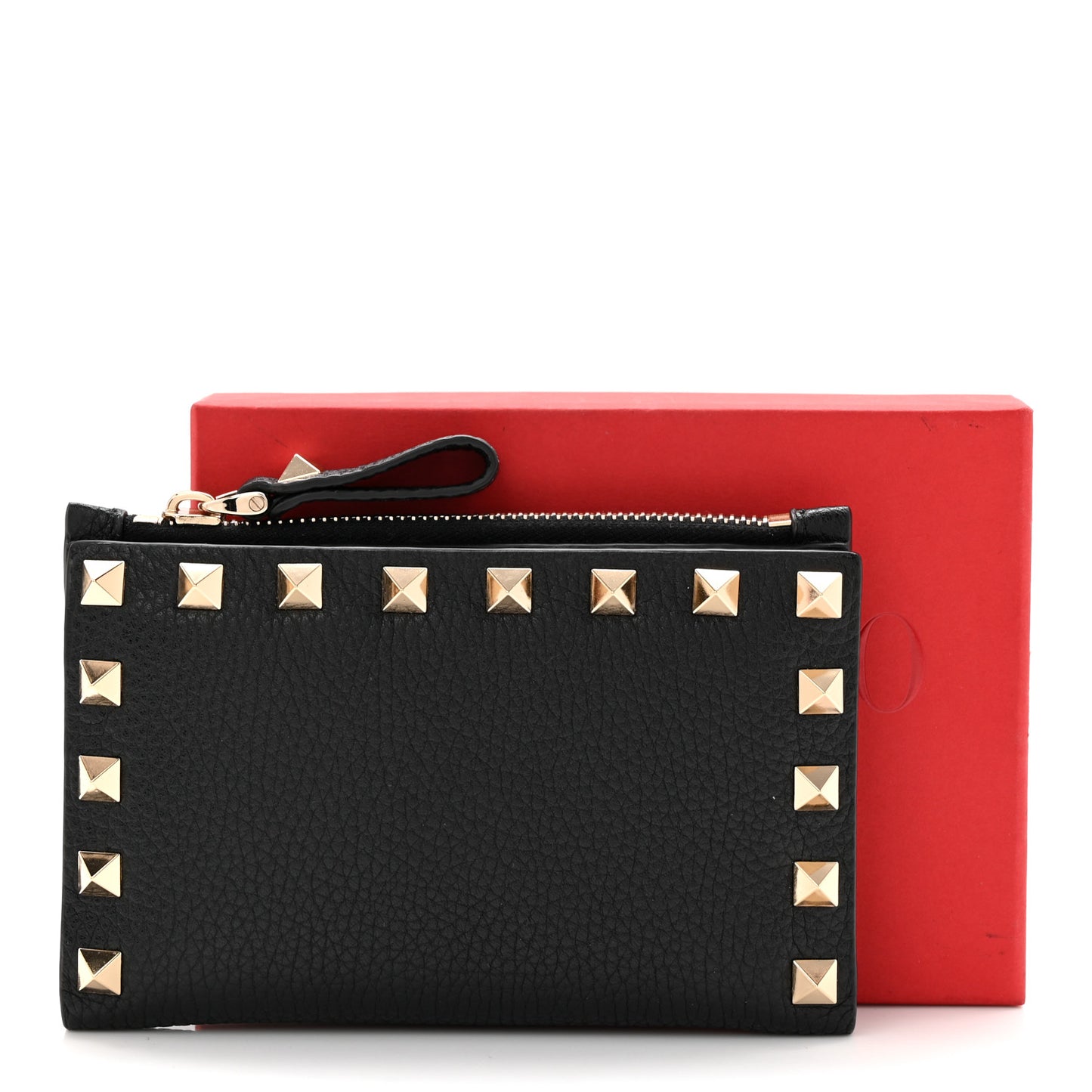 Pebbled Calfskin Rockstud Coin Case Card Holder Black