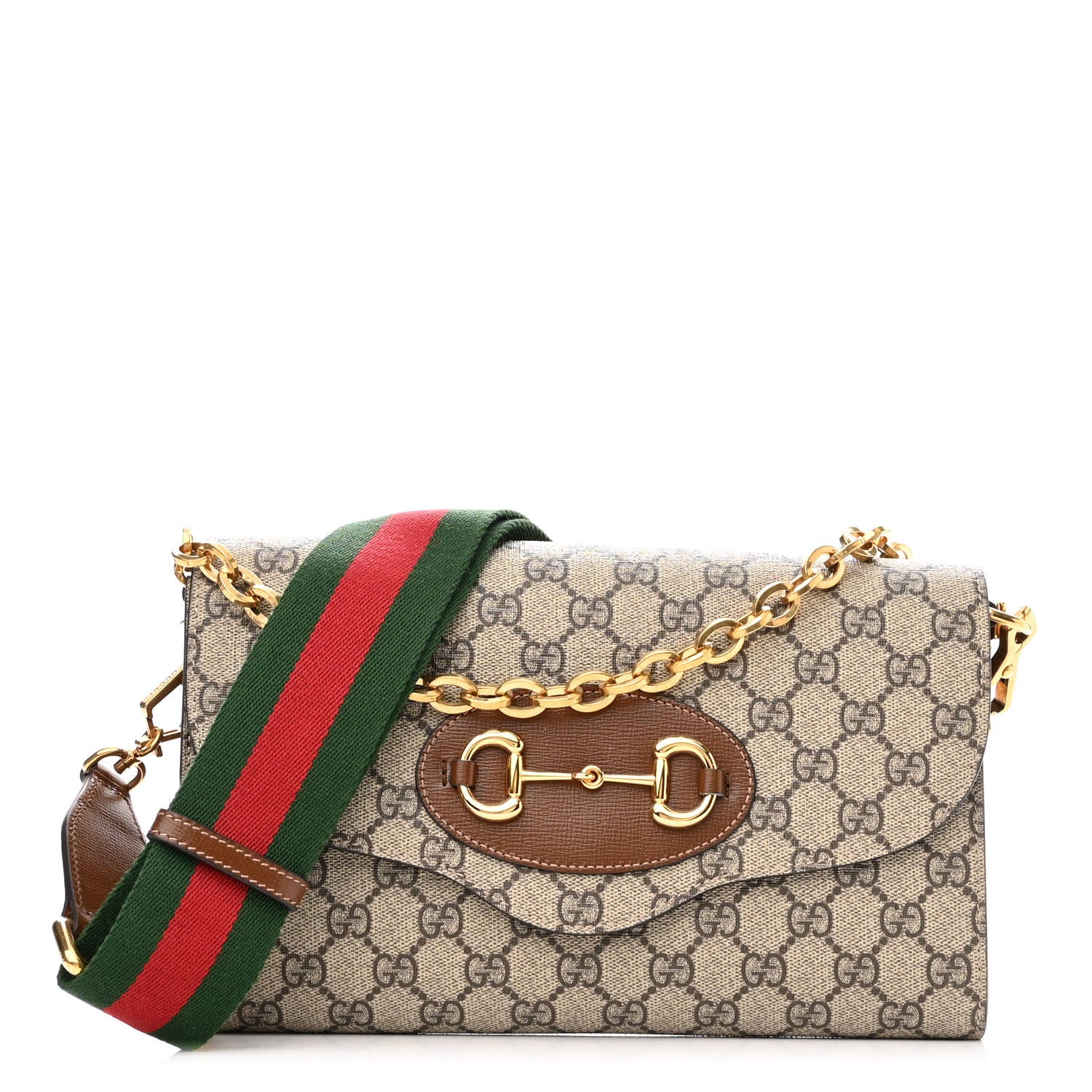 Gucci GG Supreme Monogram Azalea Calfskin Web Small Horsebit 1955 Crossbody Bag Beige Ebony Brown Sugar 1 of 9