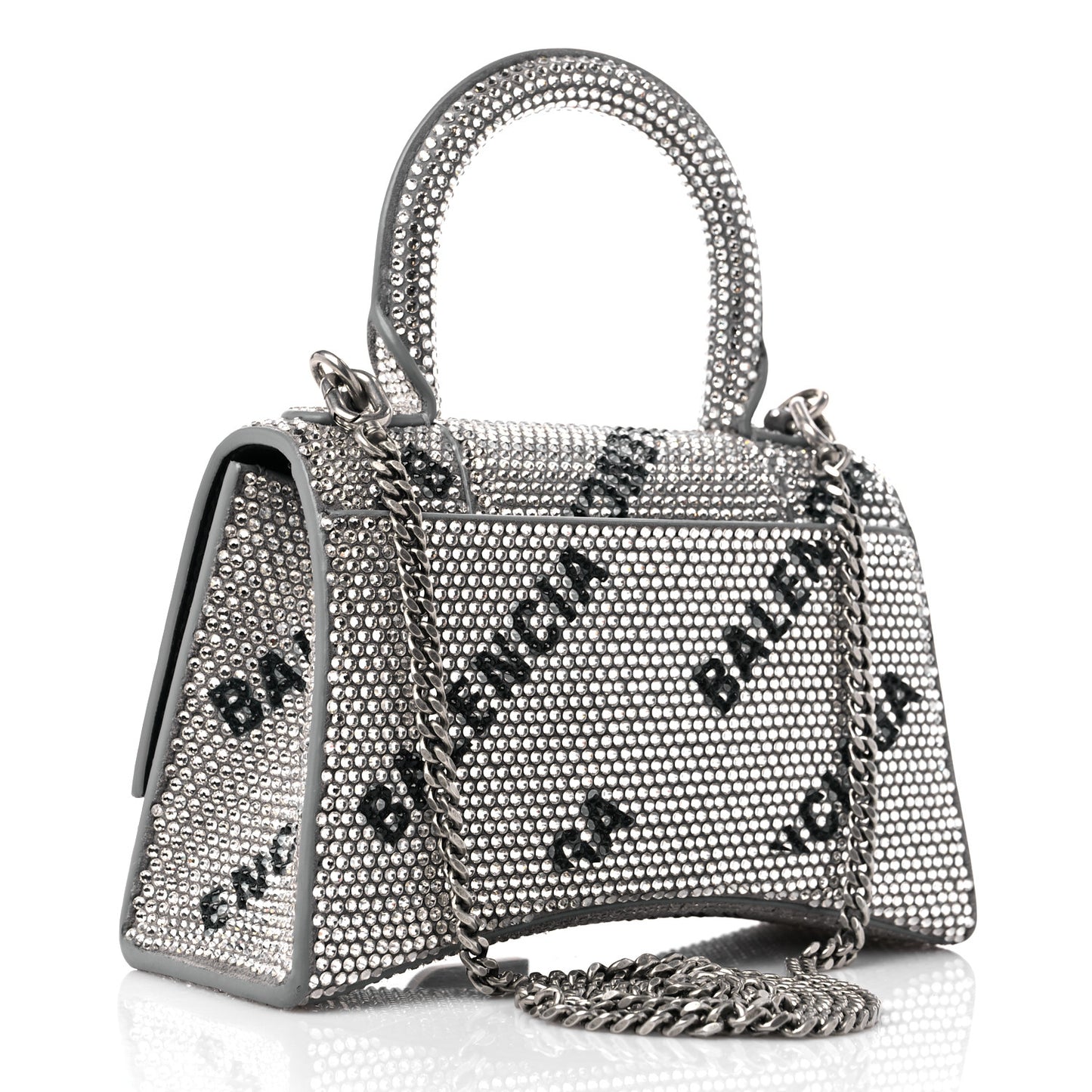 Strass Suede Allover Logo Hourglass Top Handle Bag XS with Chain Silver Black