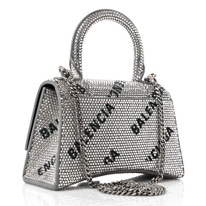 Balenciaga Strass Suede Allover Logo Hourglass Top Handle Bag XS with Chain Silver Black 3 of 10
