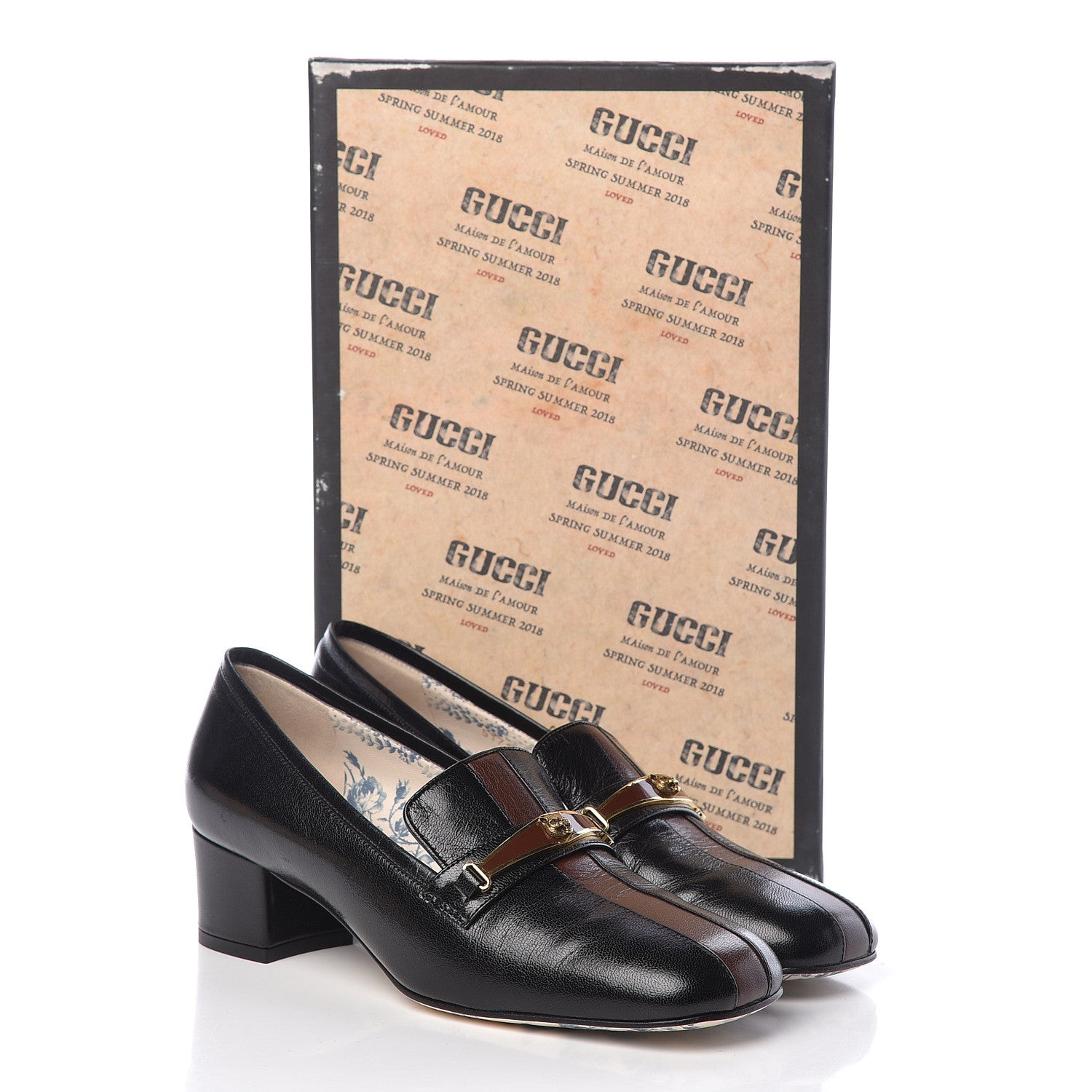 Gucci Goatskin Feline Ginger Loafer Pumps 37 Black Light Brown 8 of 8