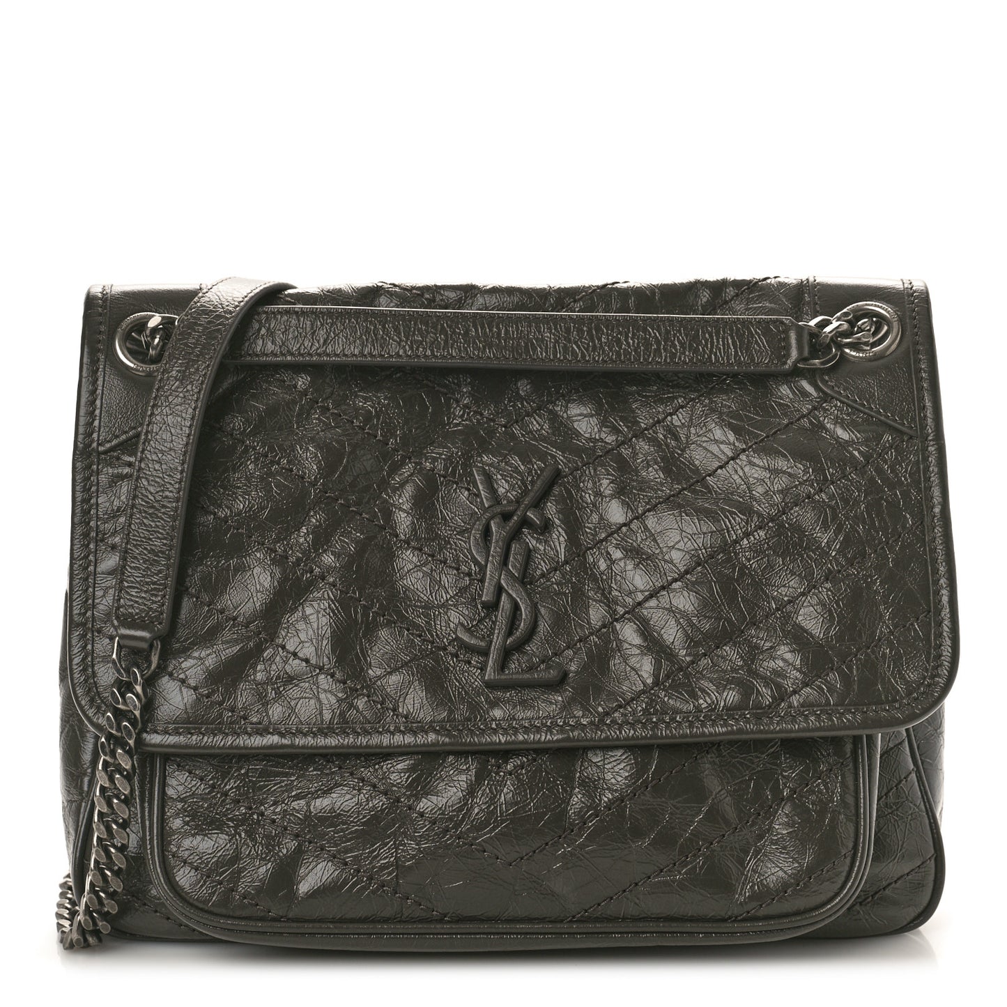 Crinkled Calfskin Matelasse Monogram Medium Niki Chain Satchel Fog