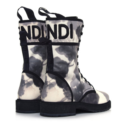 Fendi Canvas Floral Print Logo Bi-Color Womens Biker Boots 39 White Black 4 of 7