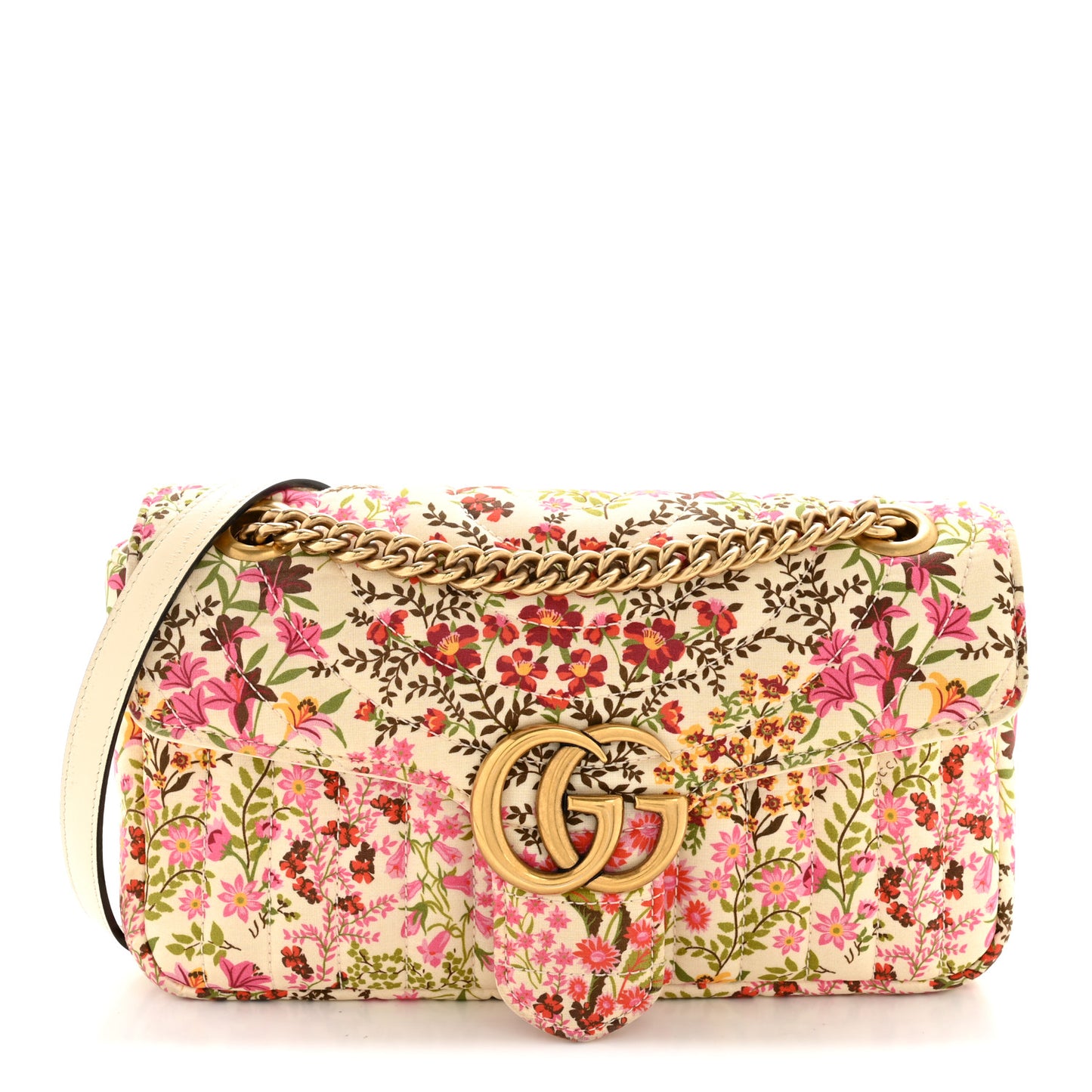 Cotton Calfskin Matelasse Floral Print Small GG Marmont Shoulder Bag Ivory Pink