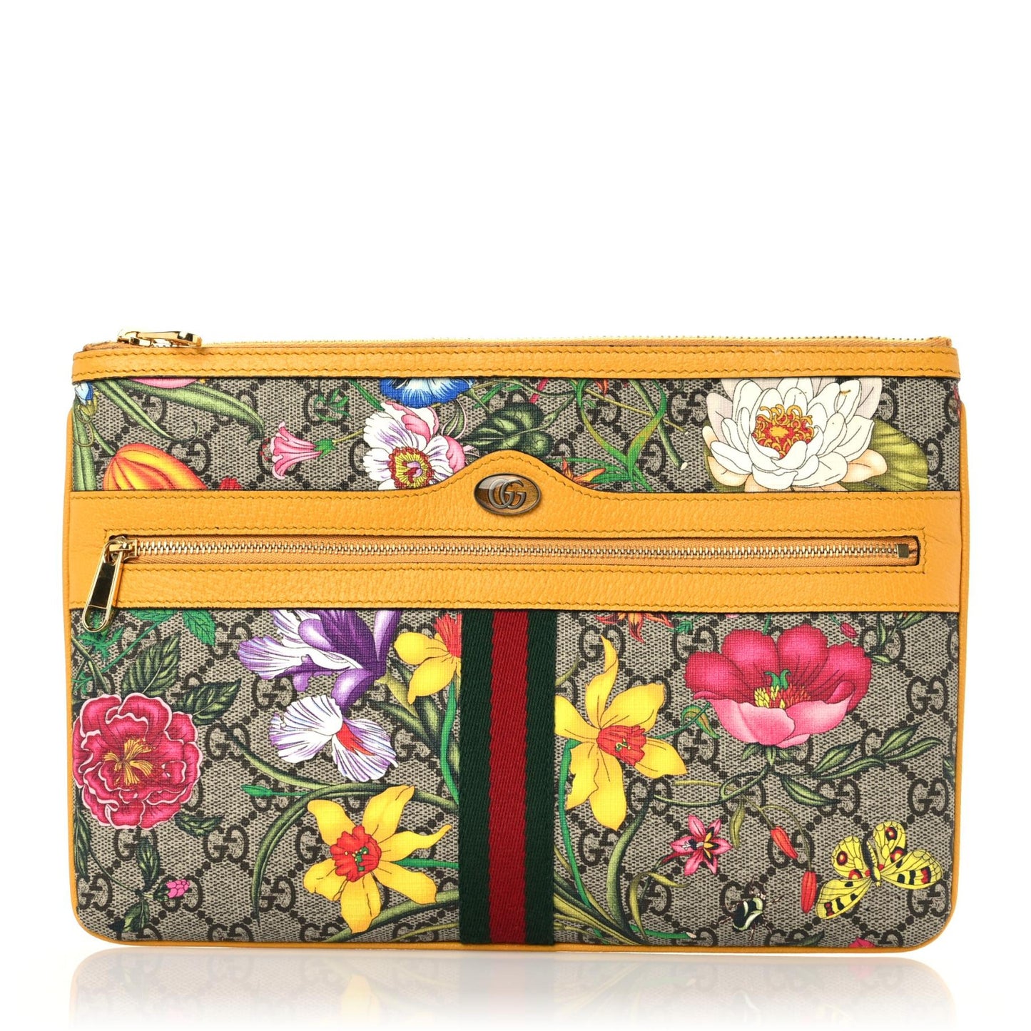 GG Supreme Monogram Flora Large Ophidia Pouch Clutch Beige Multicolor Crop