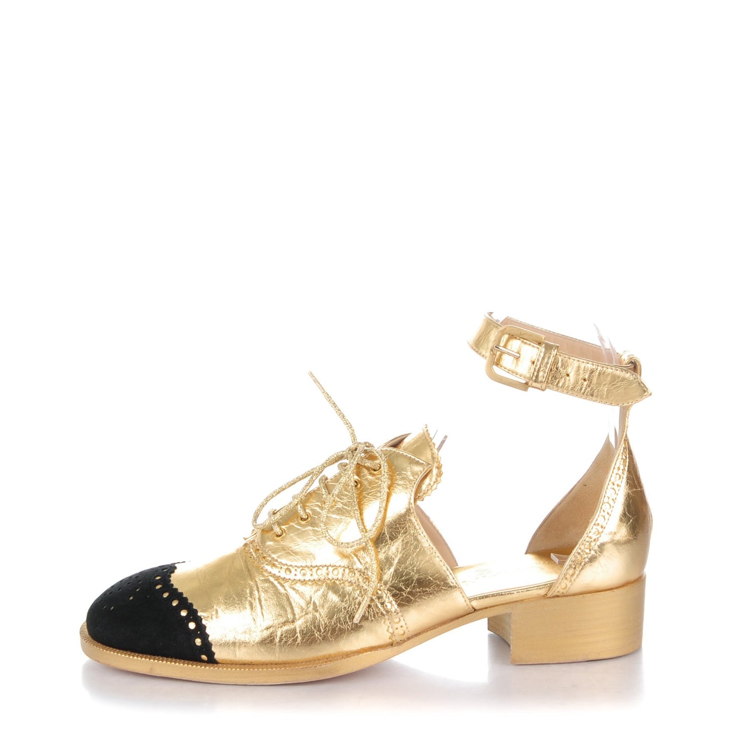 Metallic Calfskin Suede CC Brogue Lace Up Ankle Strap Oxford Sandals 38 Gold Black