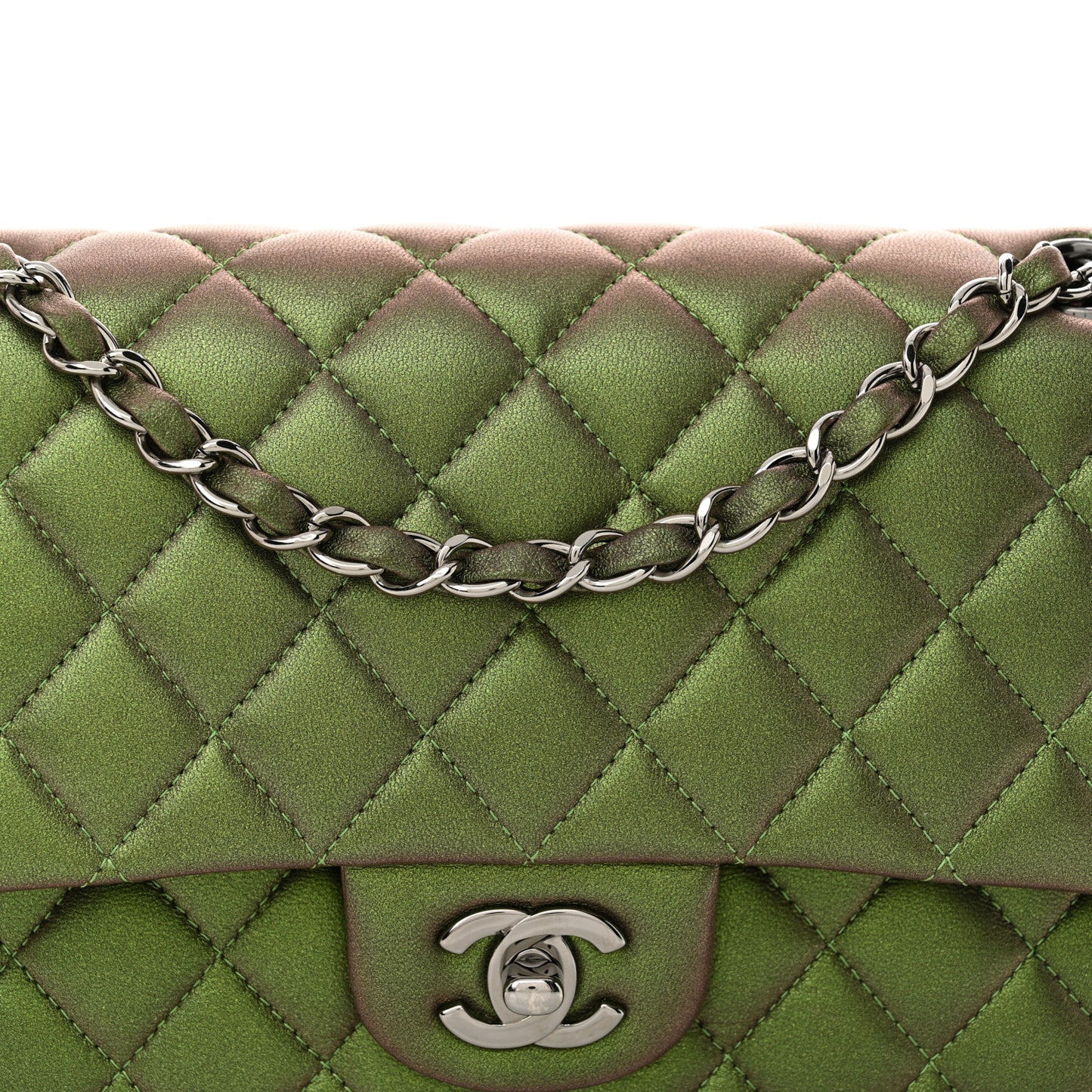 Iridescent Lambskin Quilted Medium Double Flap Green