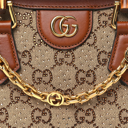 Gucci New Canvas Charisma Calfskin Crystal GG Monogram Mini Diana Tote Bag Camel Ebony 8 of 10