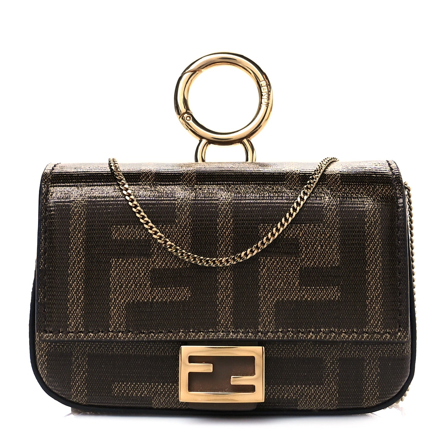 Fendi Glazed Fabric FF 1974 Nano Baguette Charm Mogano Panna 1 of 10