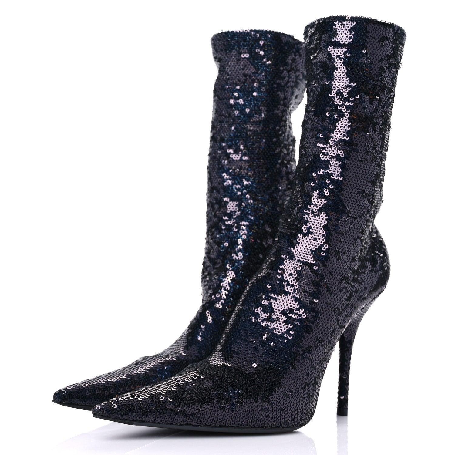 Balenciaga Metallic Sequin Spandex Pointy Toe Knife Booties 37.5 Navy 3 of 8