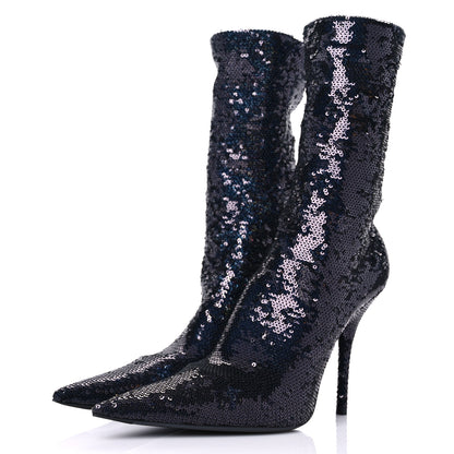 Balenciaga Metallic Sequin Spandex Pointy Toe Knife Booties 37.5 Navy 3 of 8