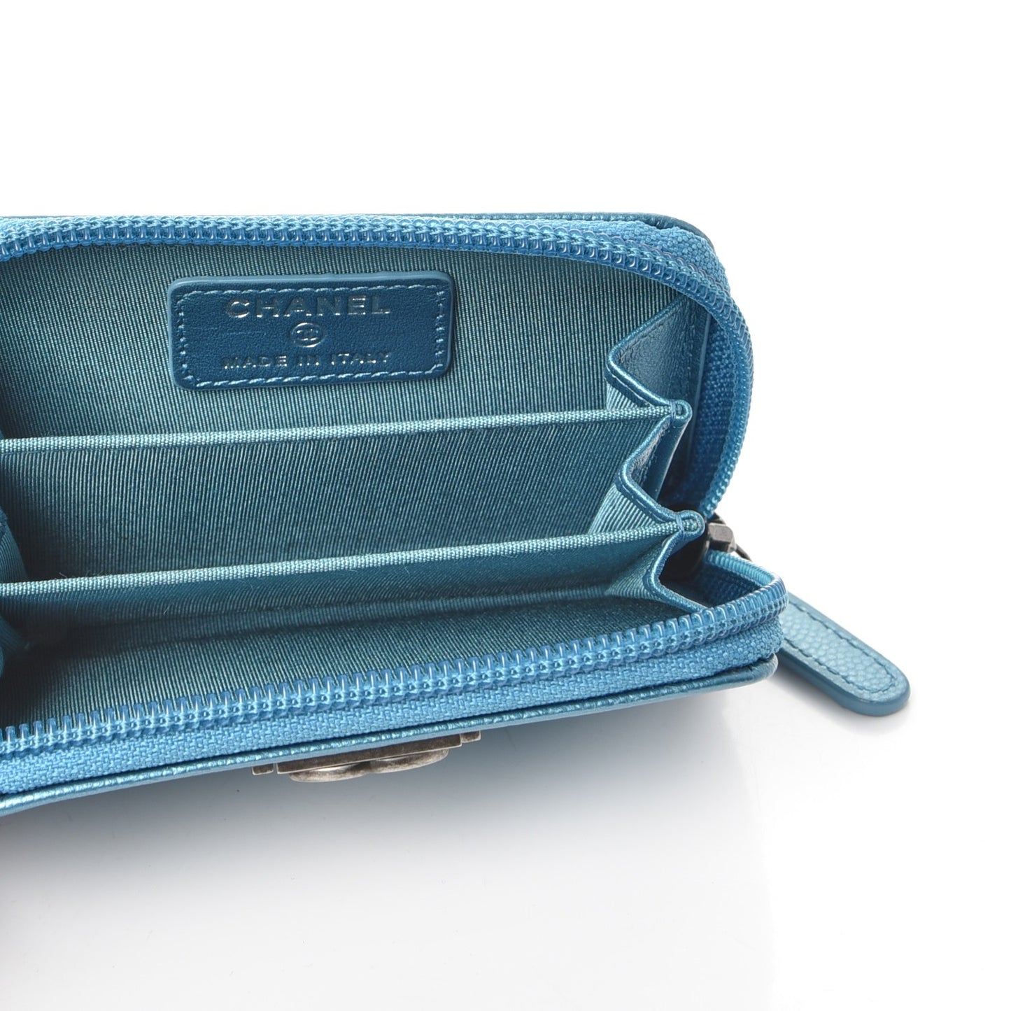 Metallic Caviar Quilted Boy Zip Around Coin Purse Wallet Turquoise