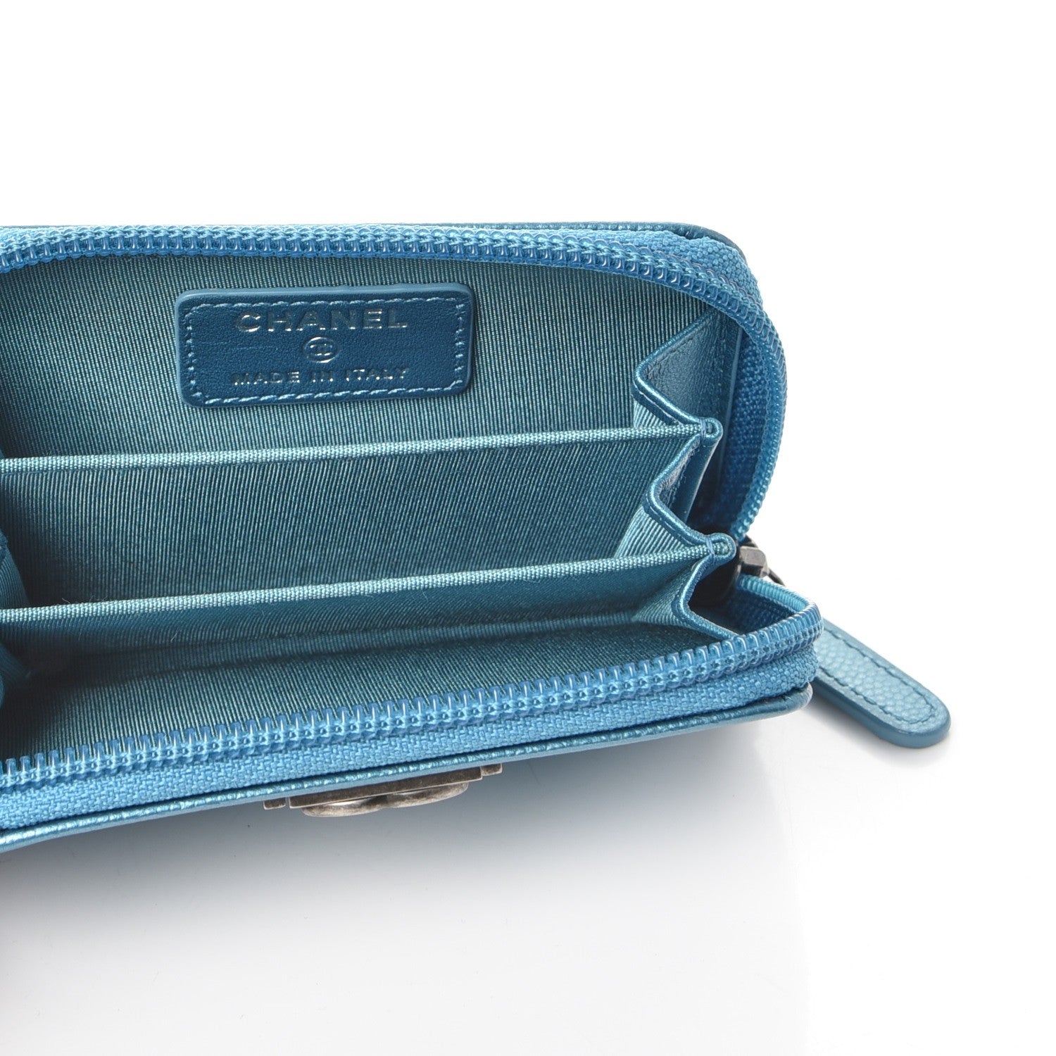 Chanel Metallic Caviar Quilted Boy Zip Around Coin Purse Wallet Turquoise 5 of 8