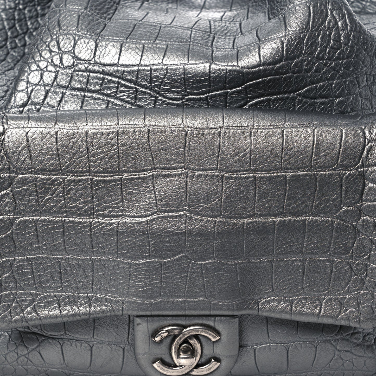 Metallic Calfskin Crocodile Embossed Large Backpack Silver
