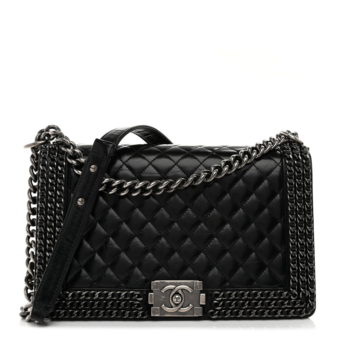 Glazed Calfskin Quilted New Medium Boy Chained Flap Black