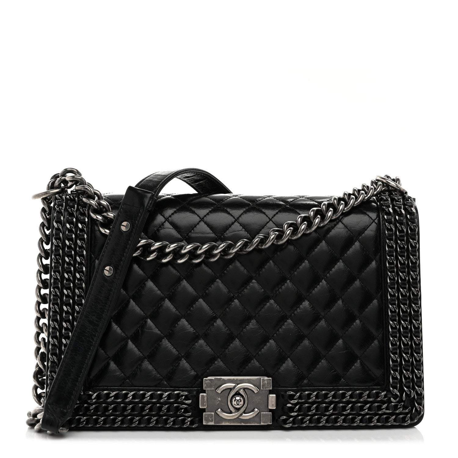 Chanel Glazed Calfskin Quilted New Medium Boy Chained Flap Black 1 of 10