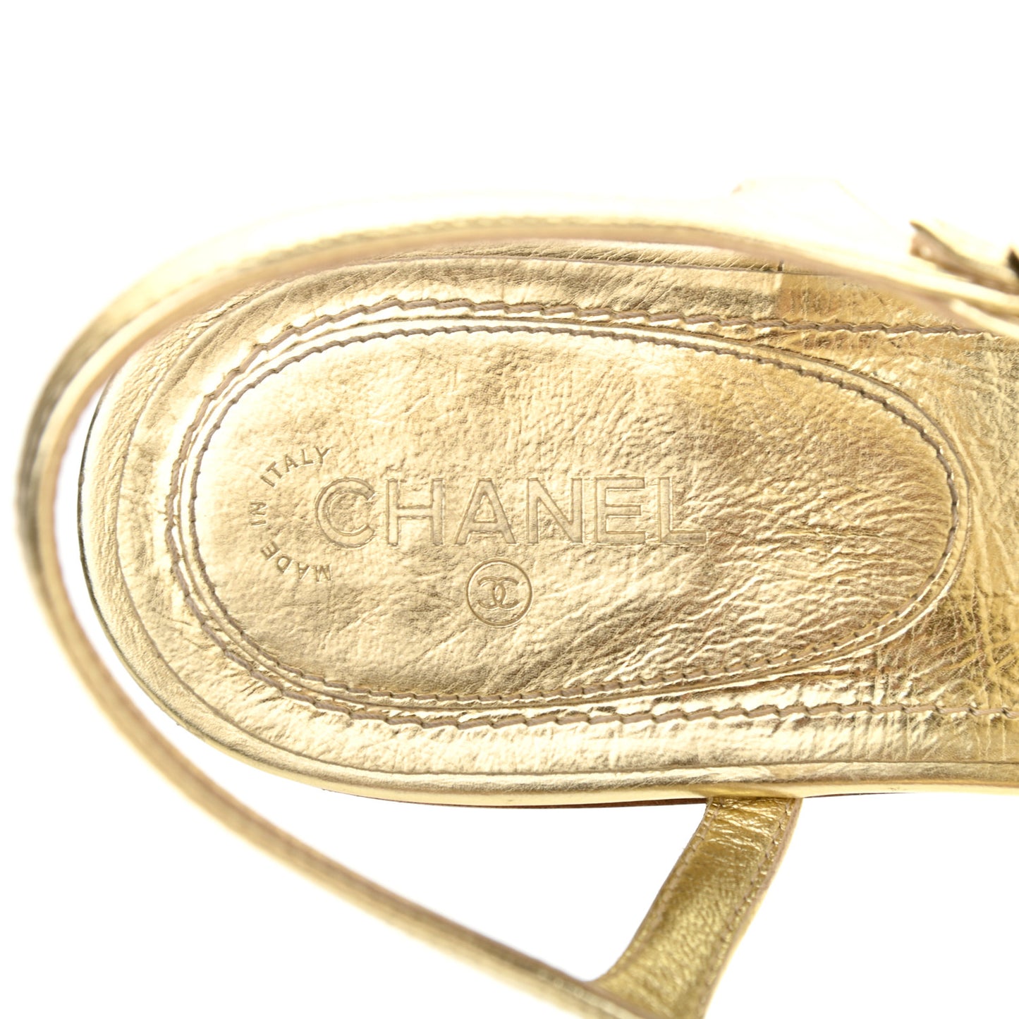 Aged Metallic Calfskin Pearl CC Charm Thong Sandals 40 Gold