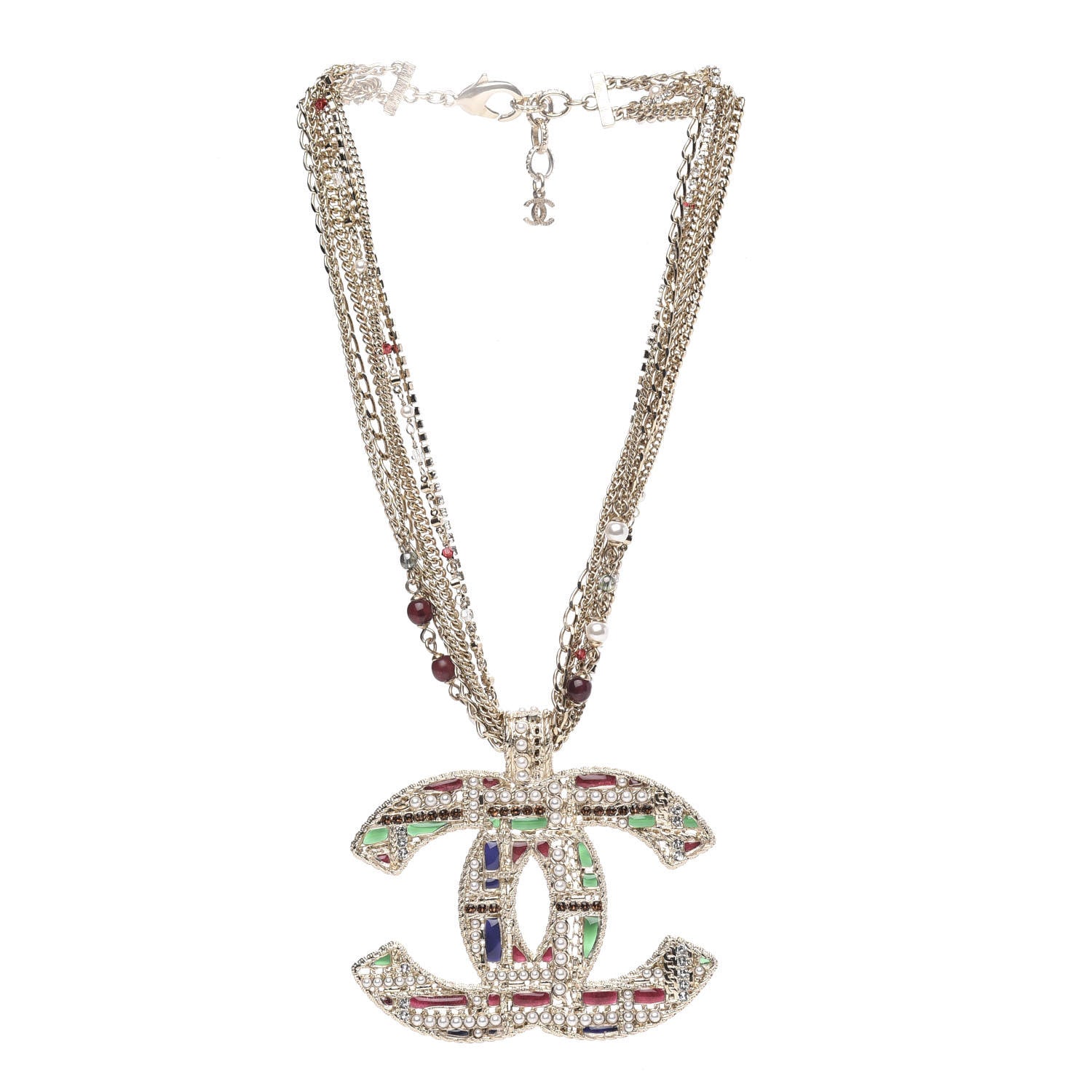 Chanel Pearl Large CC Pendant Necklace Gold Green Red 3 of 6