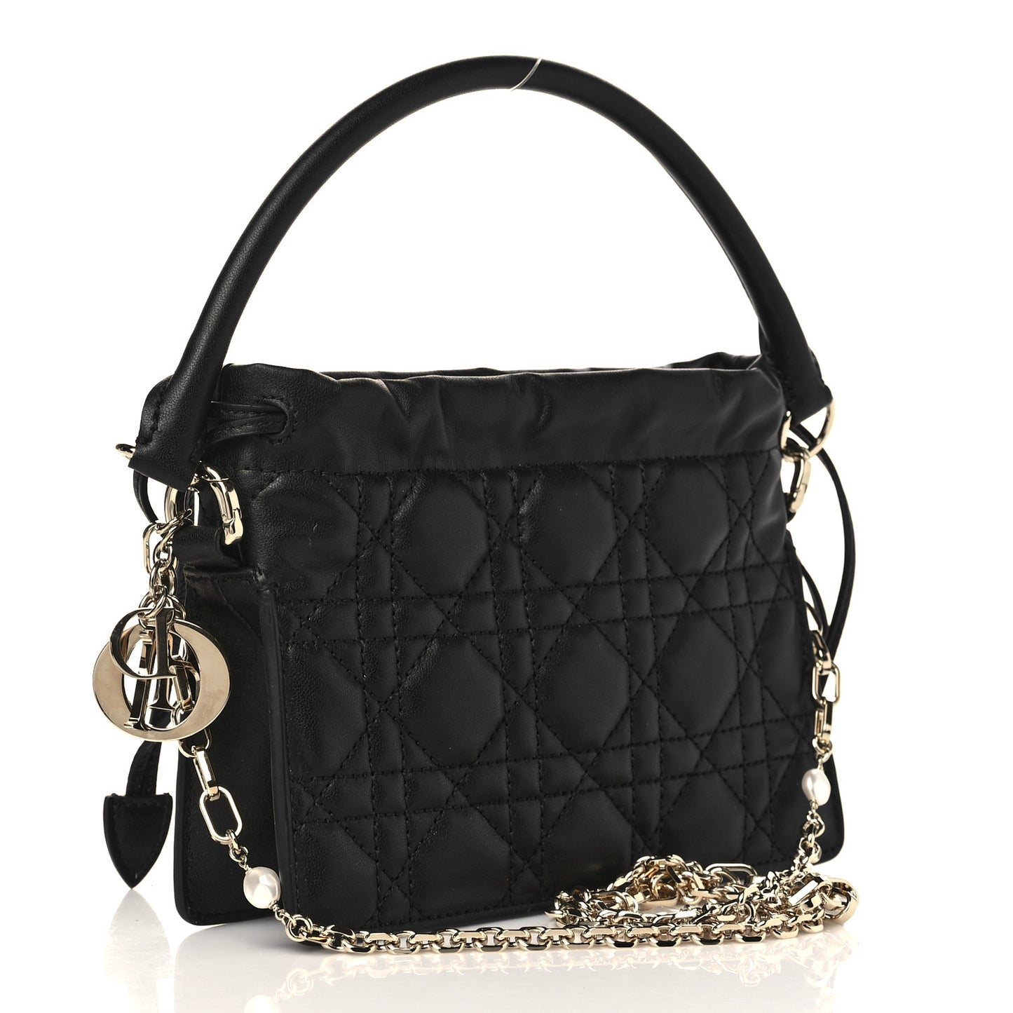 Lambskin Cannage Mini Top Handle Drawstring Bag Black