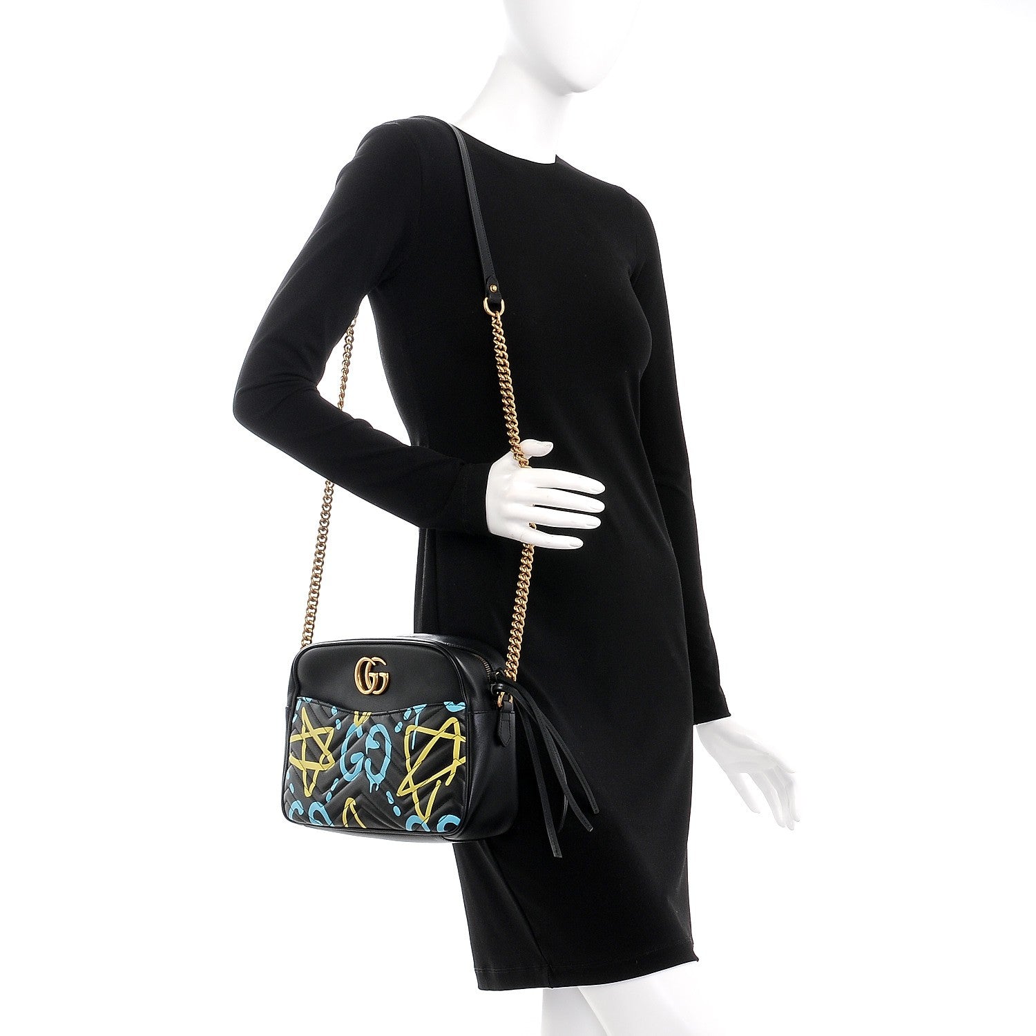 Gucci Calfskin Matelasse GucciGhost Medium GG Marmont Chain Shoulder Bag Black New Acquamarine 2 of 9