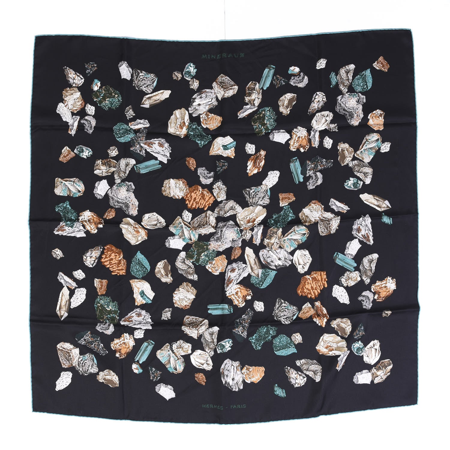 Hermes Silk Mineraux Scarf 90 Black Turquoise Beige 1 of 6