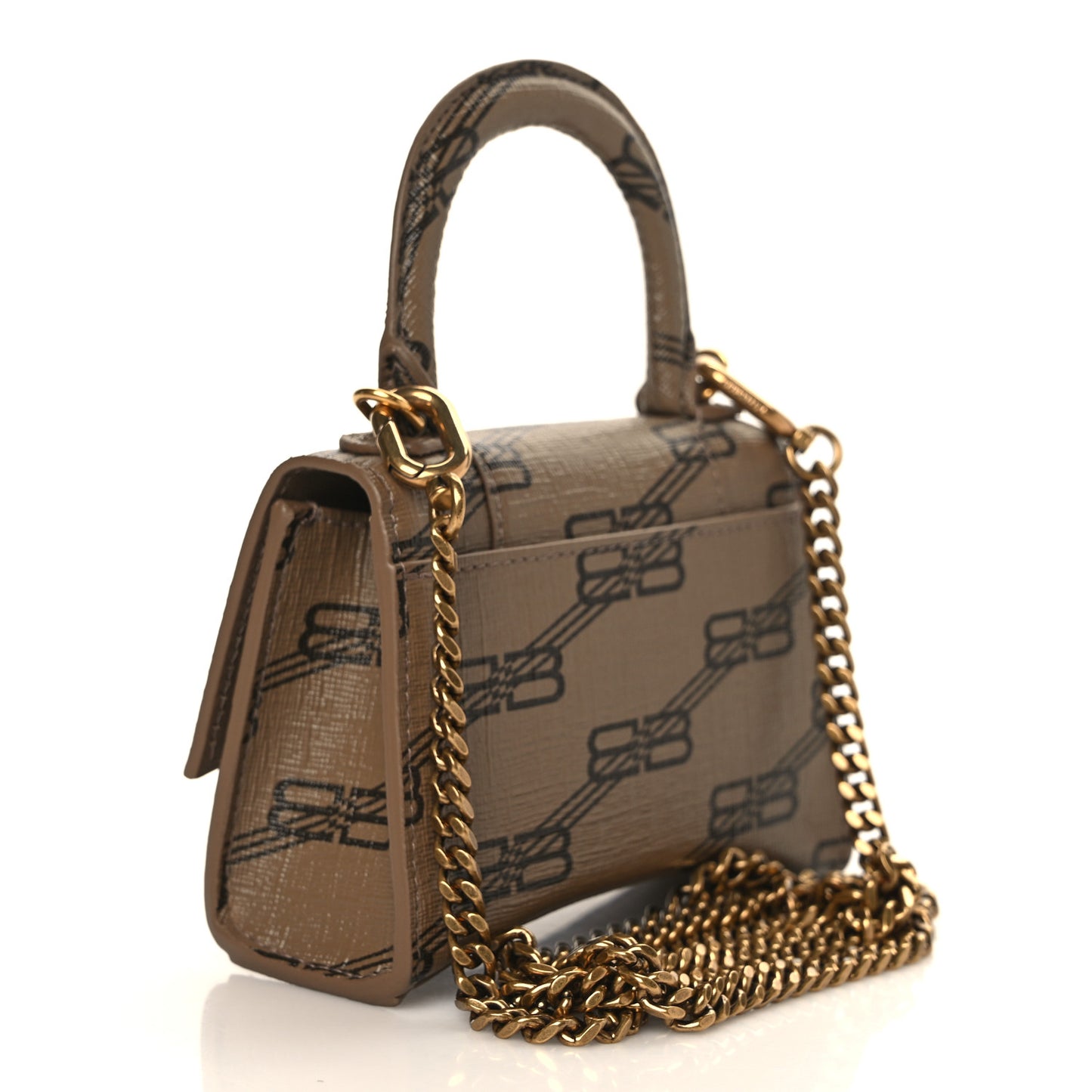 Coated Canvas BB Monogram Hourglass Top Handle Bag Mini with Chain Beige Brown