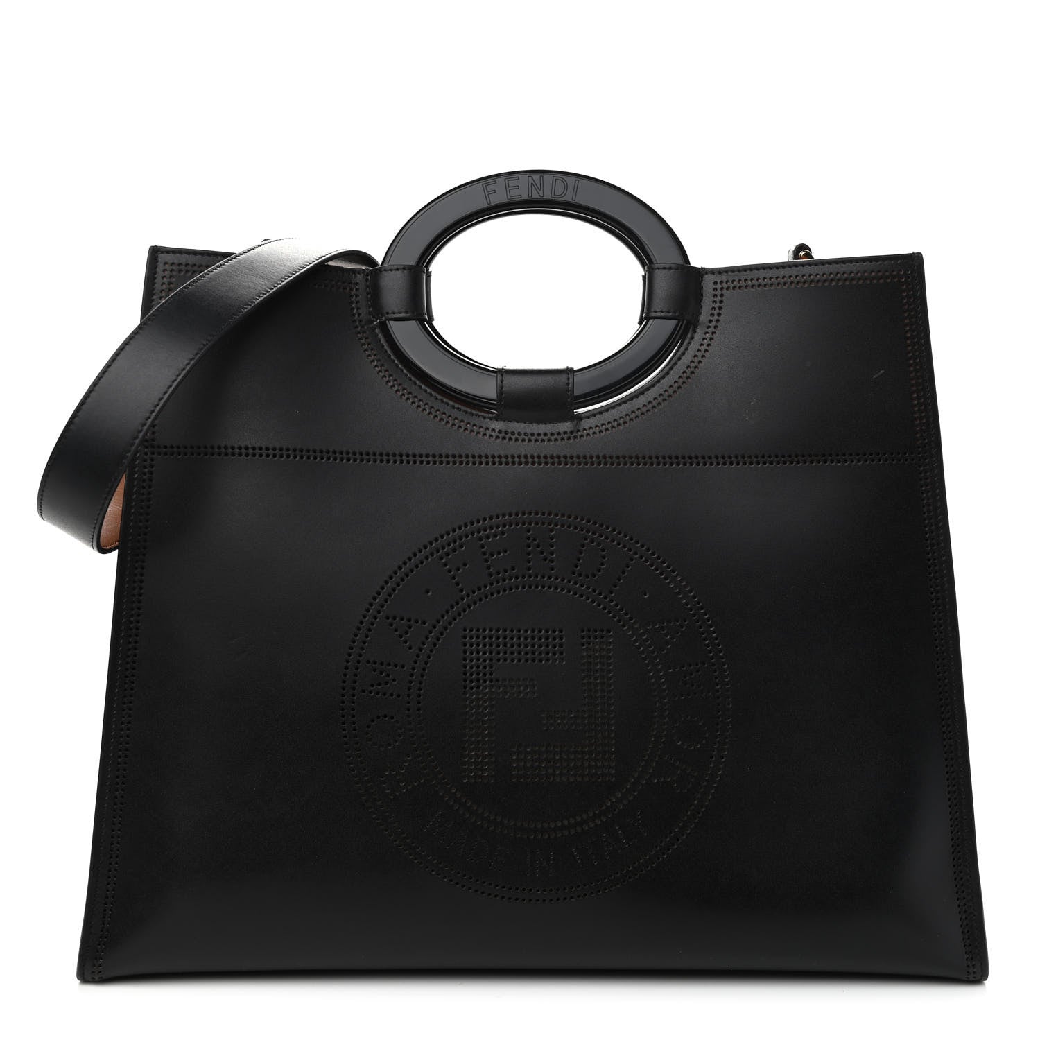 Fendi Vitello Liberty Plexiglass Stamp Patch Perforated Medium Runaway Shopper Tote Black 1 of 9