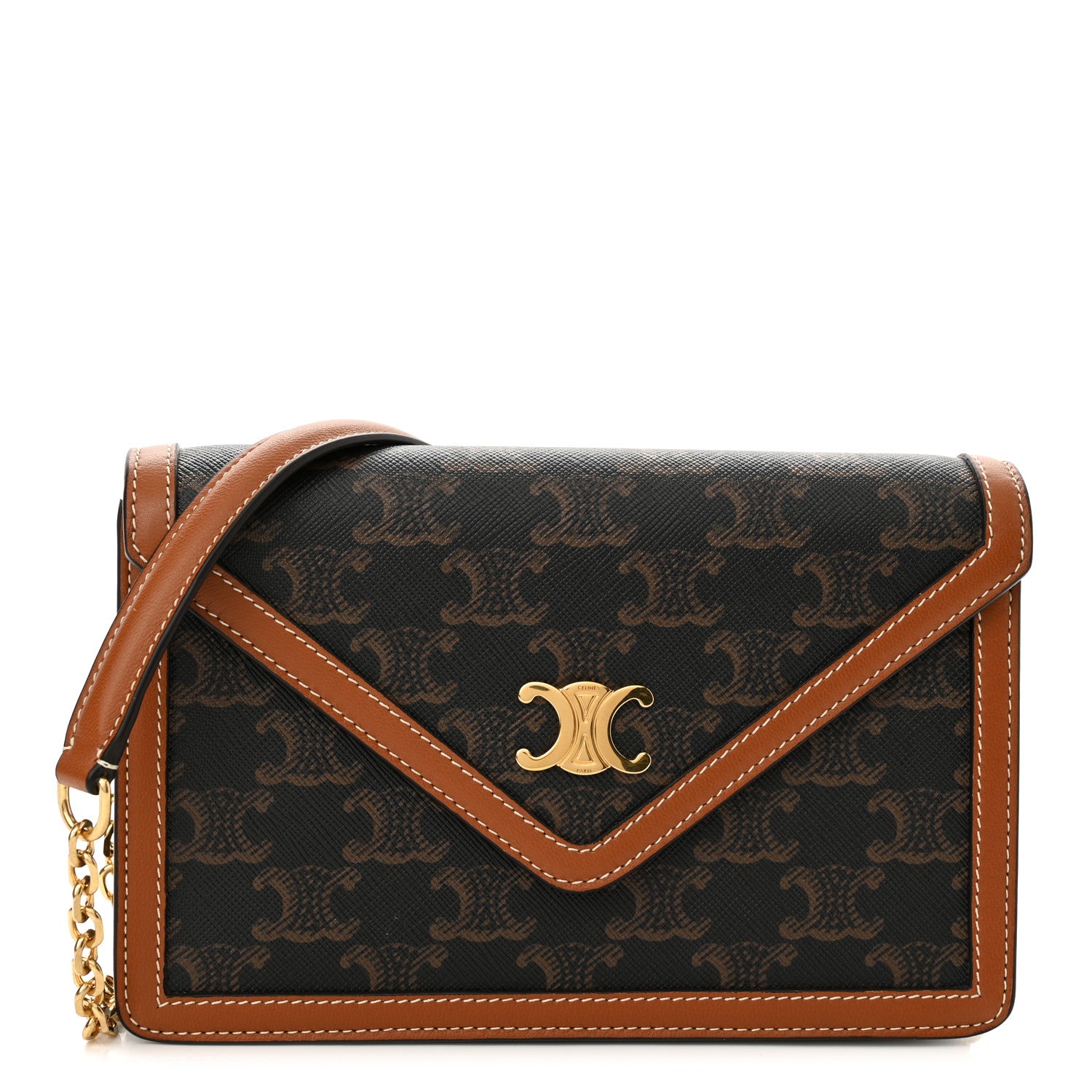 Celine Triomphe Canvas Calfskin Wallet on Chain Tan 1 of 10