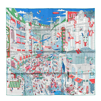 Hermes Silk Le Grand Prix Au Faubourg Scarf 90 Bleu Rose Menthol 1 of 5