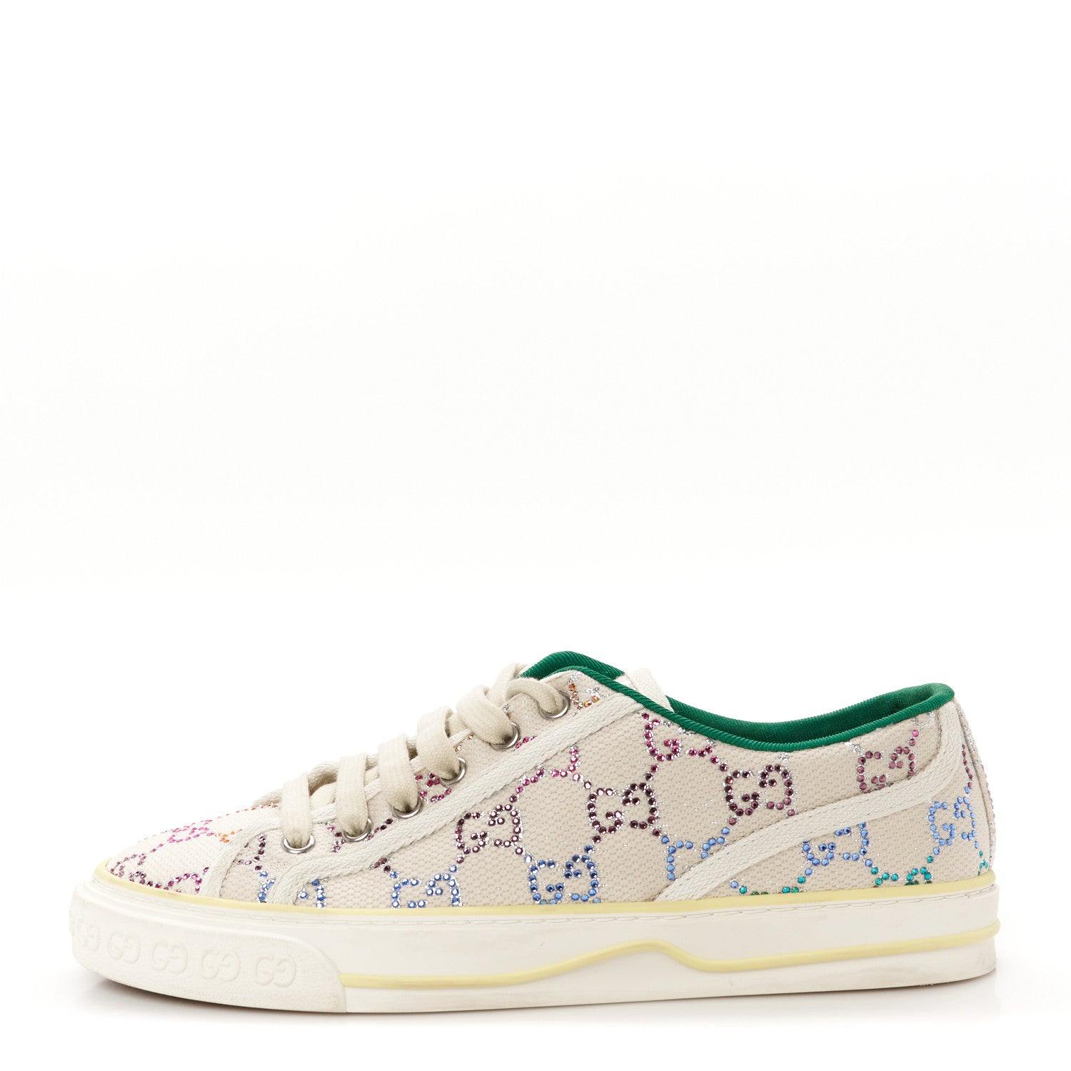 Gucci Canvas Lame Crystal GG Monogram Womens 1977 Tennis Sneakers 38 Gardenia Silver Mystic White 1 of 9