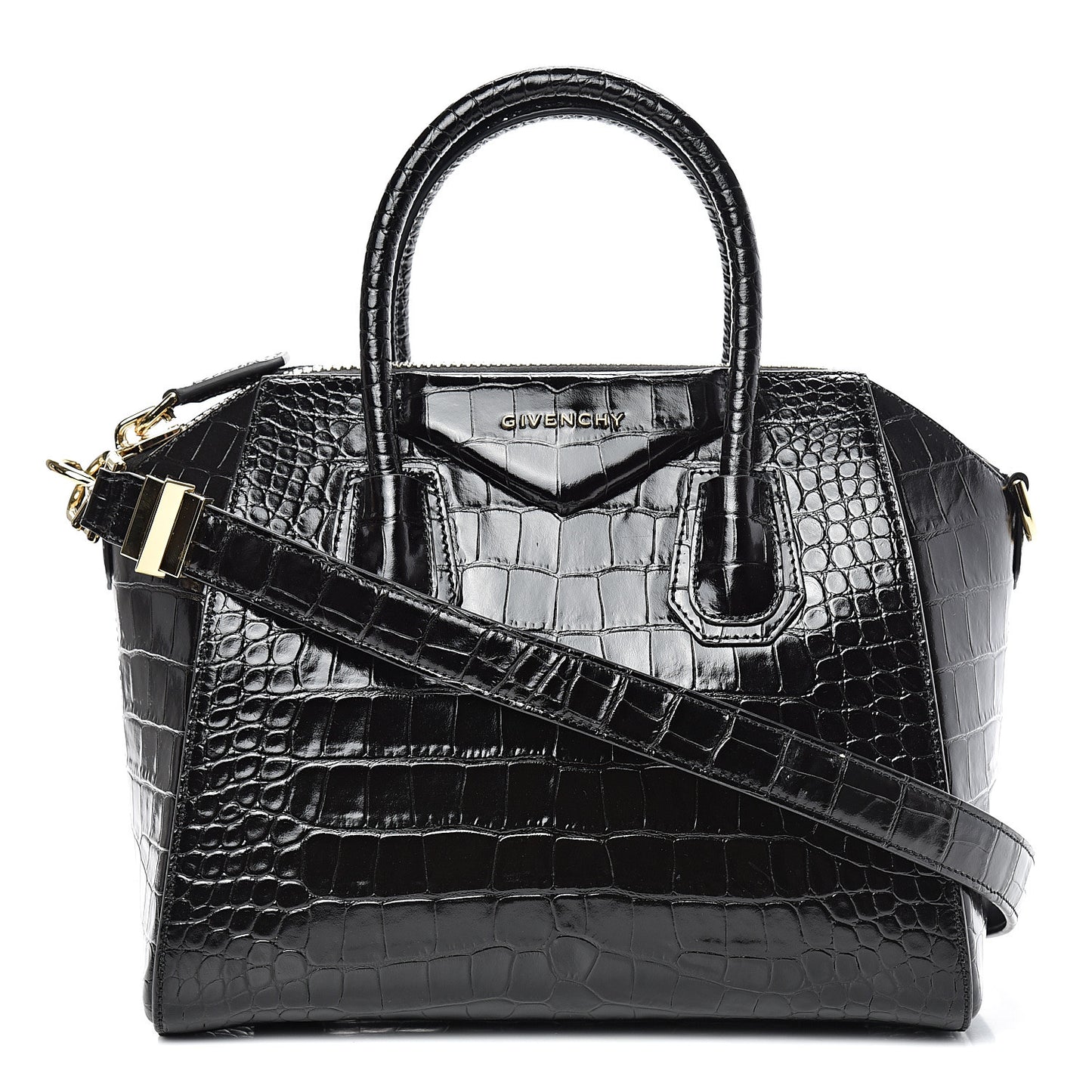 Calfskin Crocodile Embossed Small Antigona Black
