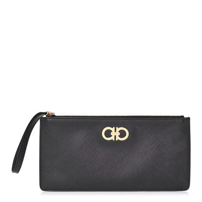 Salvatore Ferragamo Printed Calfskin Gancio Wristlet Clutch Black 1 of 7