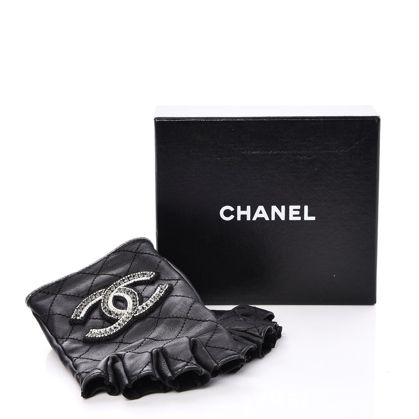 Lambskin Stitched Fingerless CC Embellished Gloves 7 Black