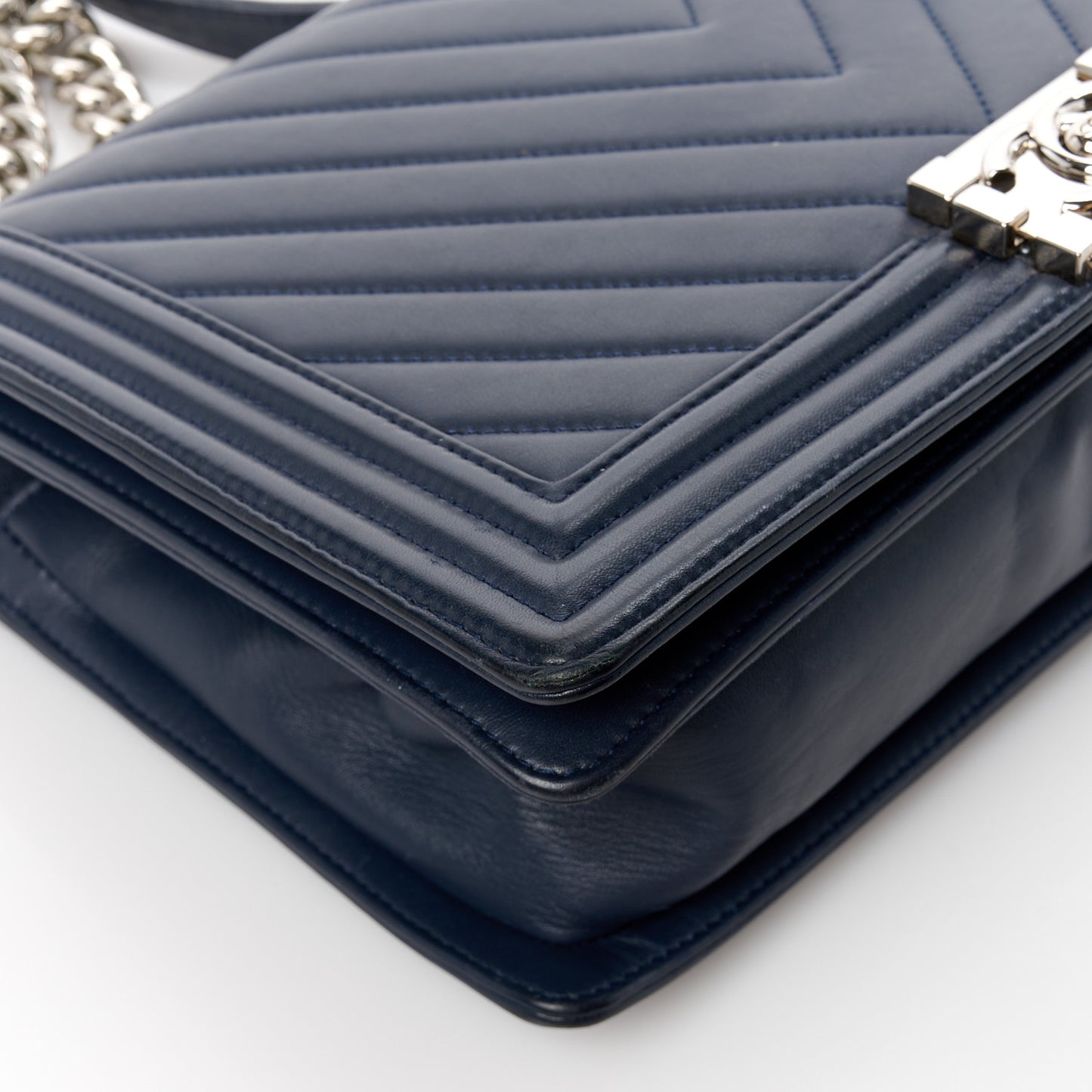 Lambskin Chevron Quilted New Medium Boy Flap Dark Navy Blue