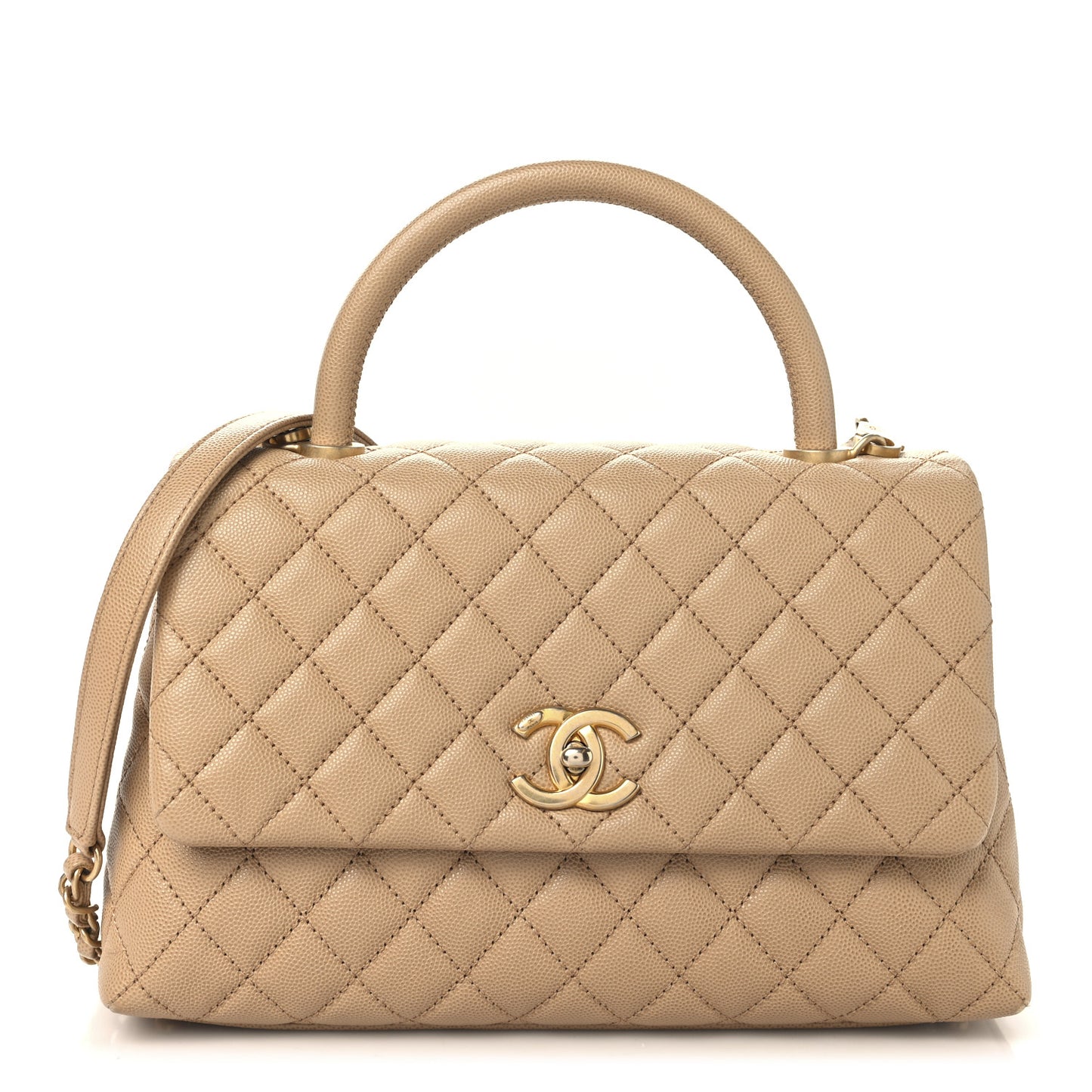 Caviar Quilted Small Coco Handle Flap Beige