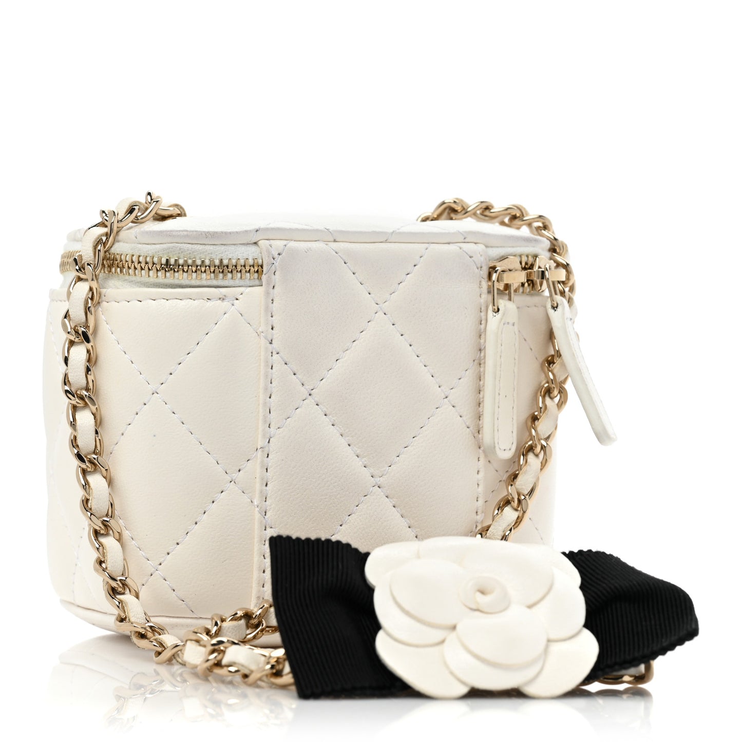 Lambskin Quilted Mini Camellia Bow Vanity Case With Chain White