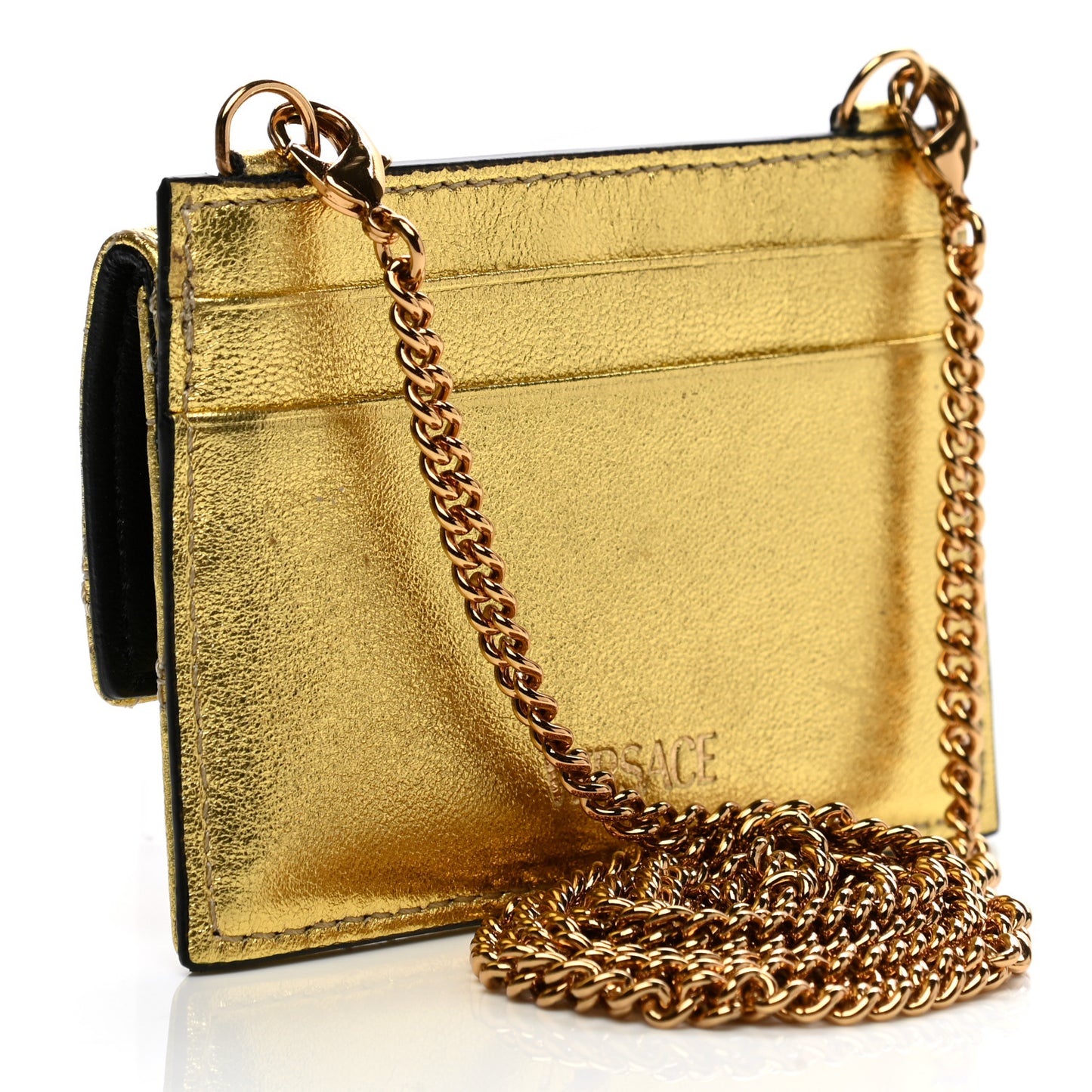 Metallic Lambskin Quilted Virtus Chain Card Holder Gold