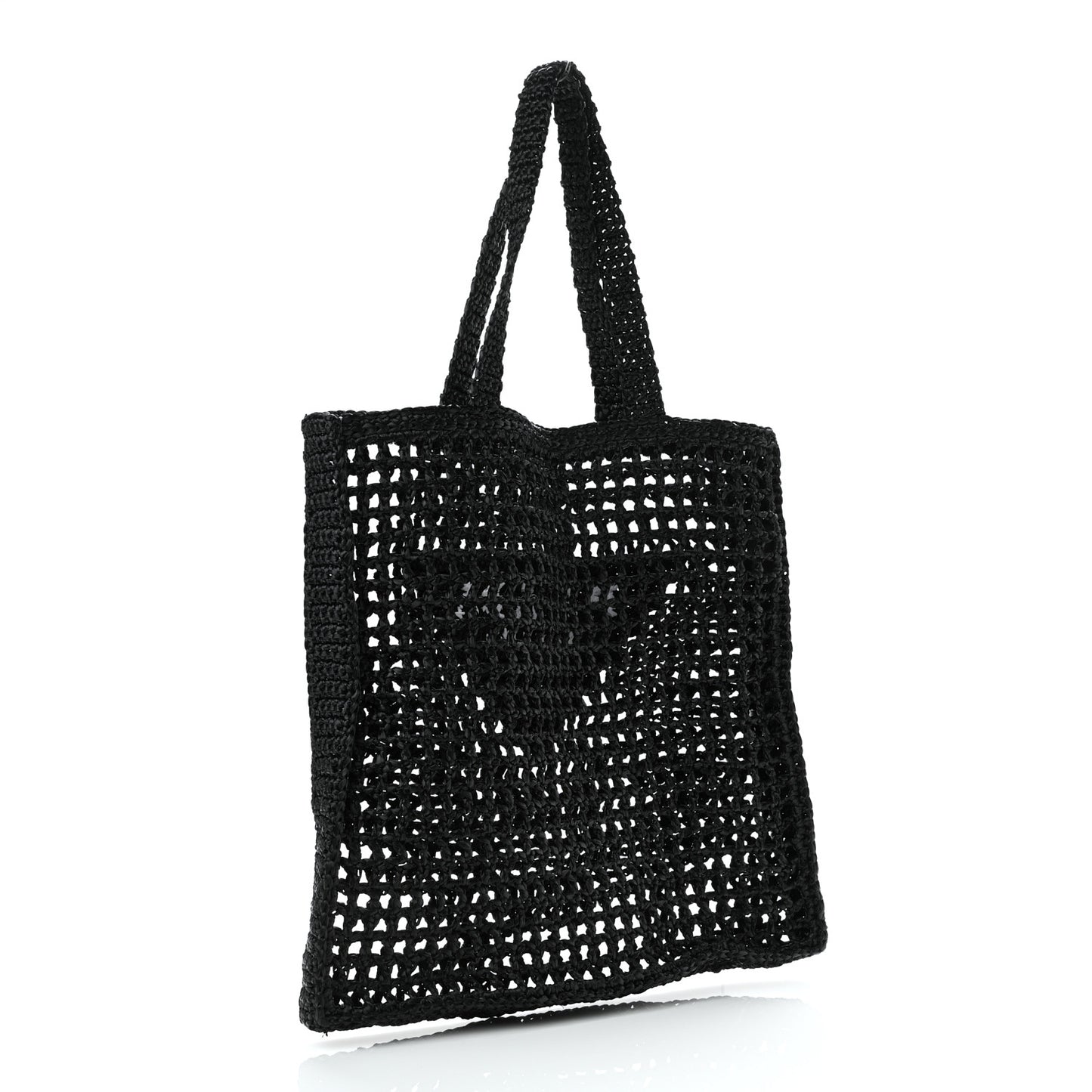 Yarn Raffia Effect Crochet Logo Embroidered Tote Bag Black