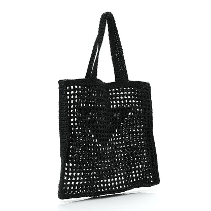 Prada Yarn Raffia Effect Crochet Logo Embroidered Tote Bag Black 3 of 10