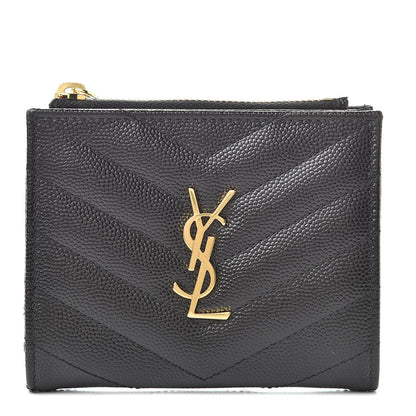 Saint Laurent Grain De Poudre Matelasse Chevron Monogram Zipped Card Case Black 1 of 8