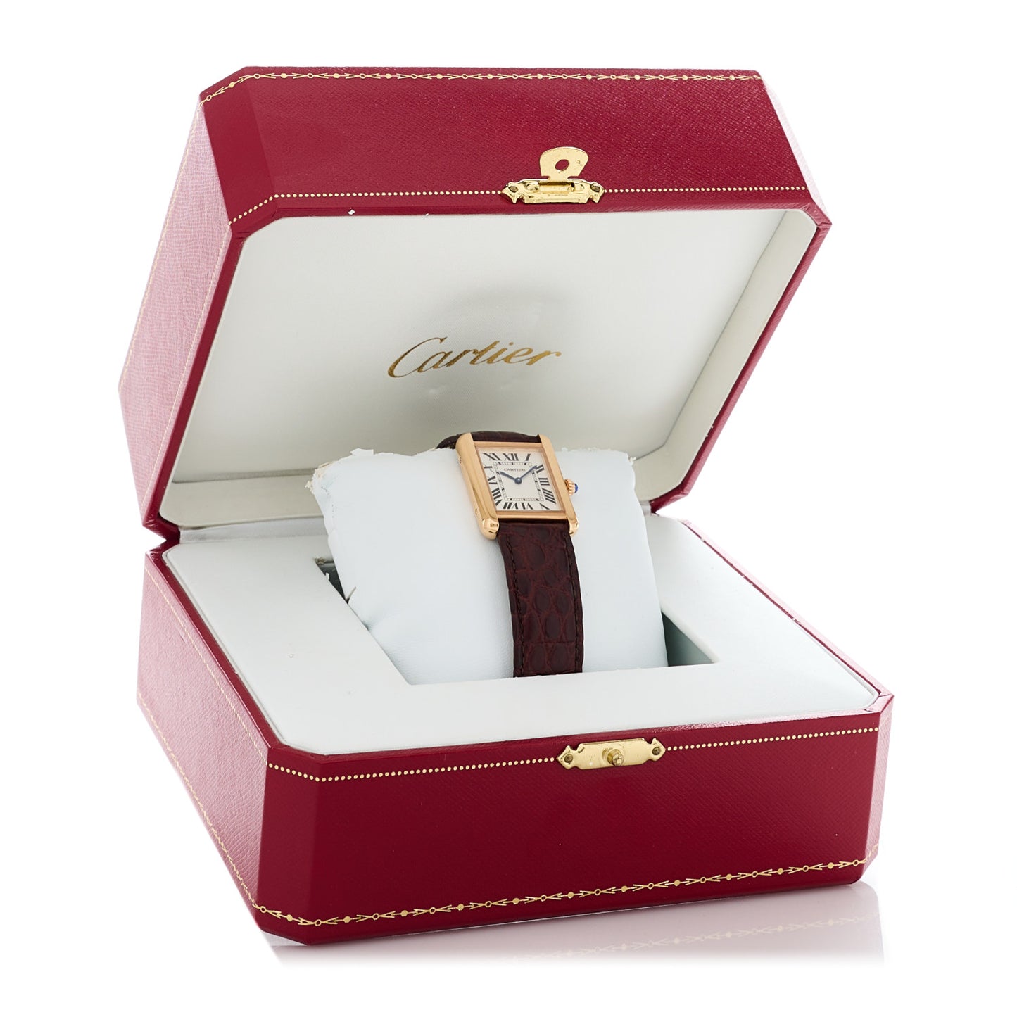Stainless Steel 18K Pink Gold Alligator 24mm Tank Solo Quartz Watch Brown