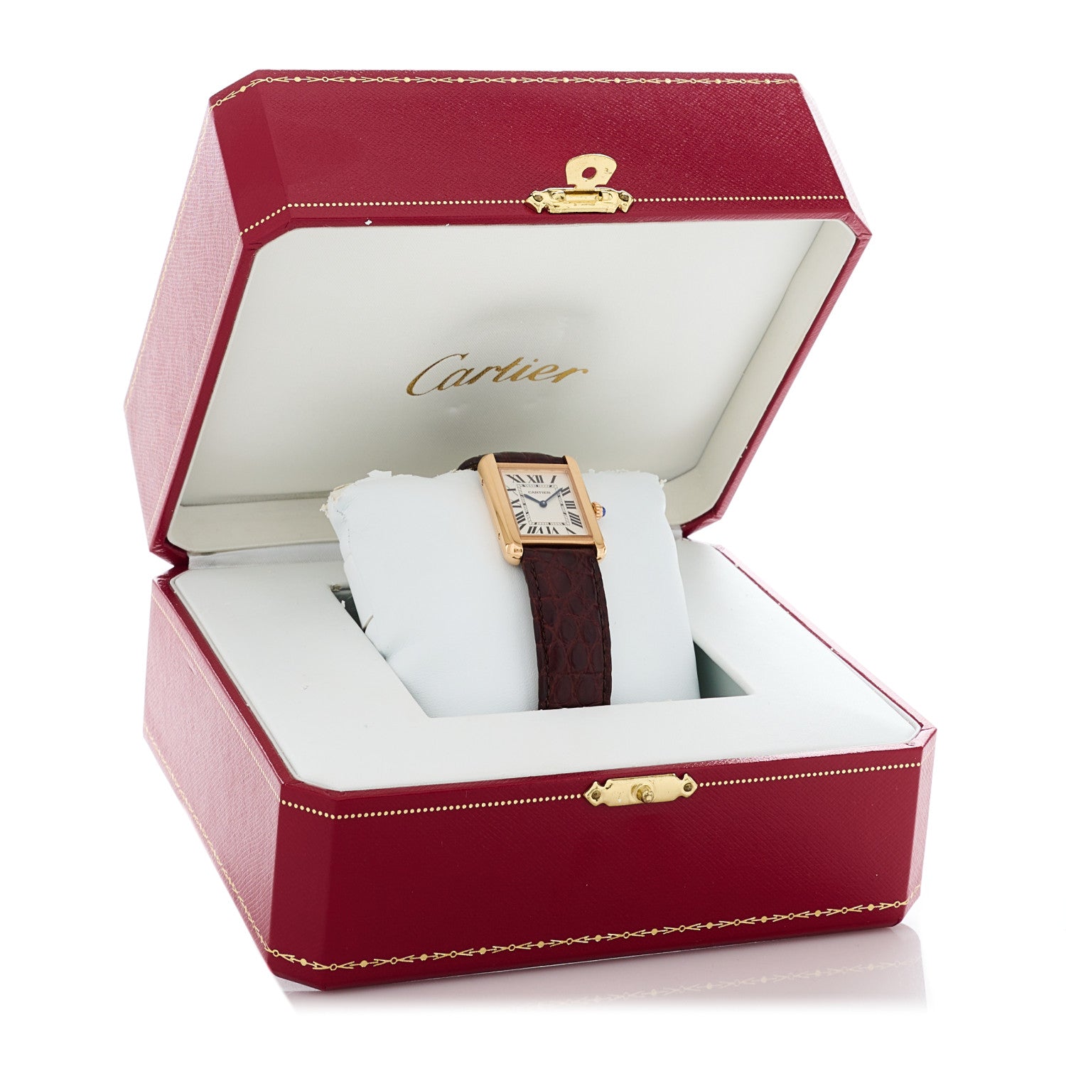 Cartier Stainless Steel 18K Pink Gold Alligator 24mm Tank Solo Quartz Watch Brown 2 of 5