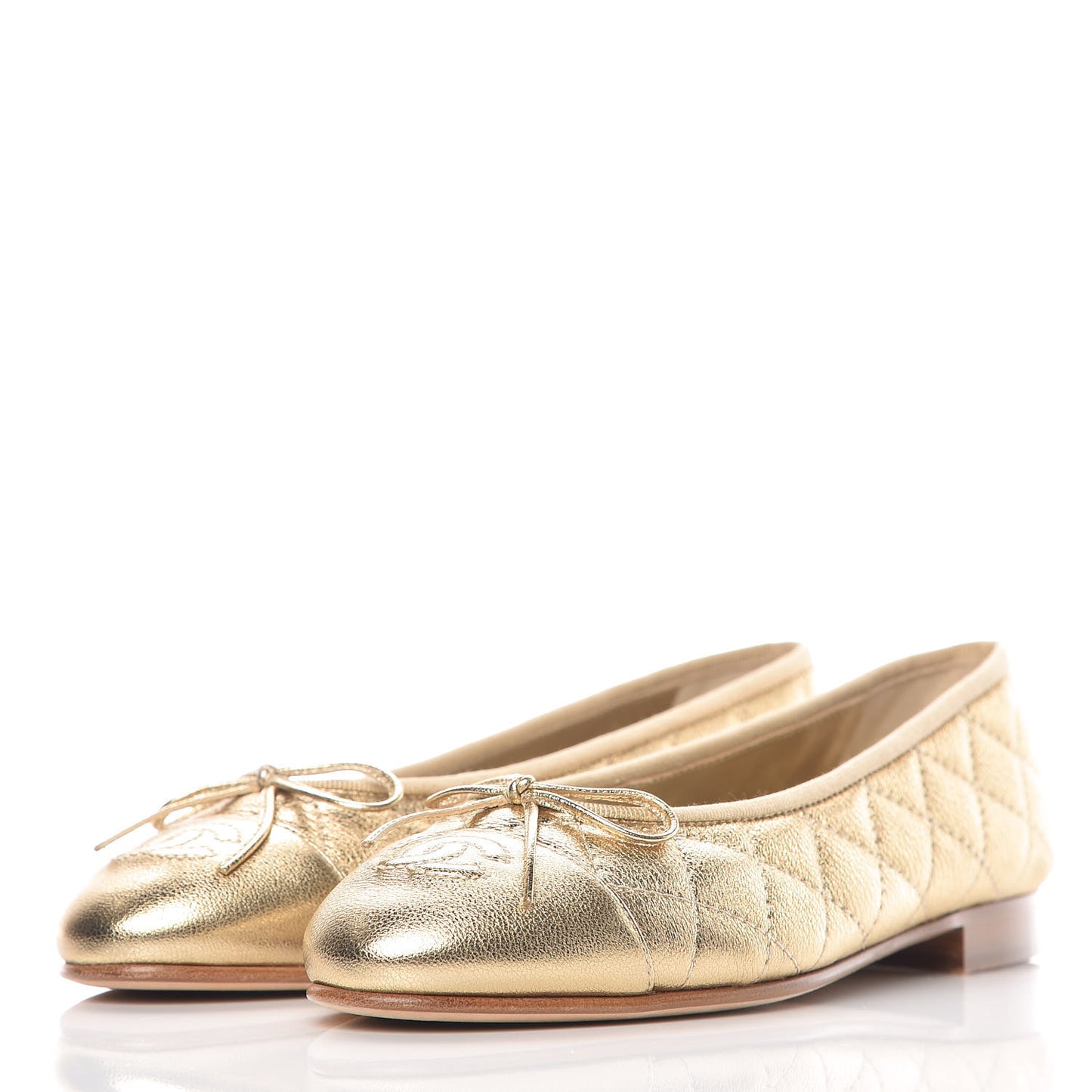 Metallic Lambskin Quilted Cap Toe Ballerina Flats 36 Gold