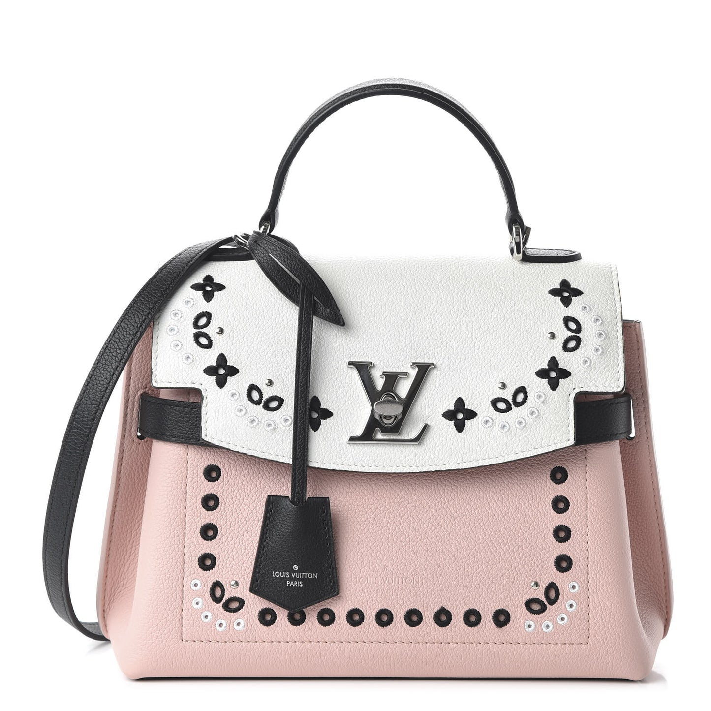 Soft Calfskin Embroidered Lockme Ever BB Rose Pink Snow White Black